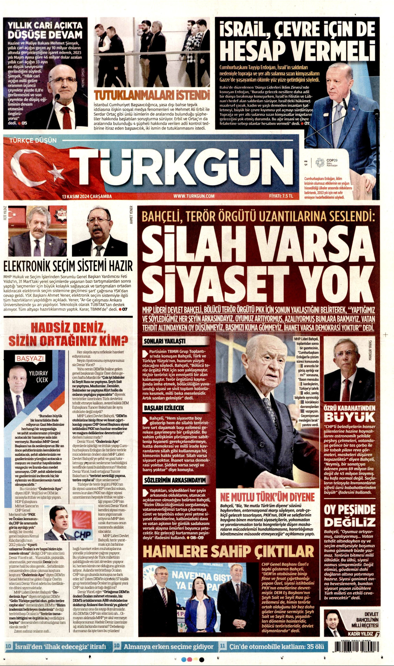 TÜRKGÜN gazetesinin 13 Kasım 2024 tarihli birinci sayfası