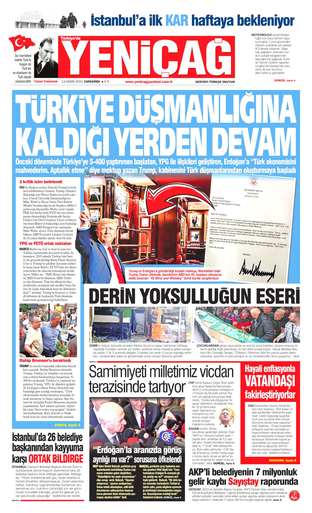 YENİÇAĞ gazetesinin 13 Kasım 2024 tarihli birinci sayfası
