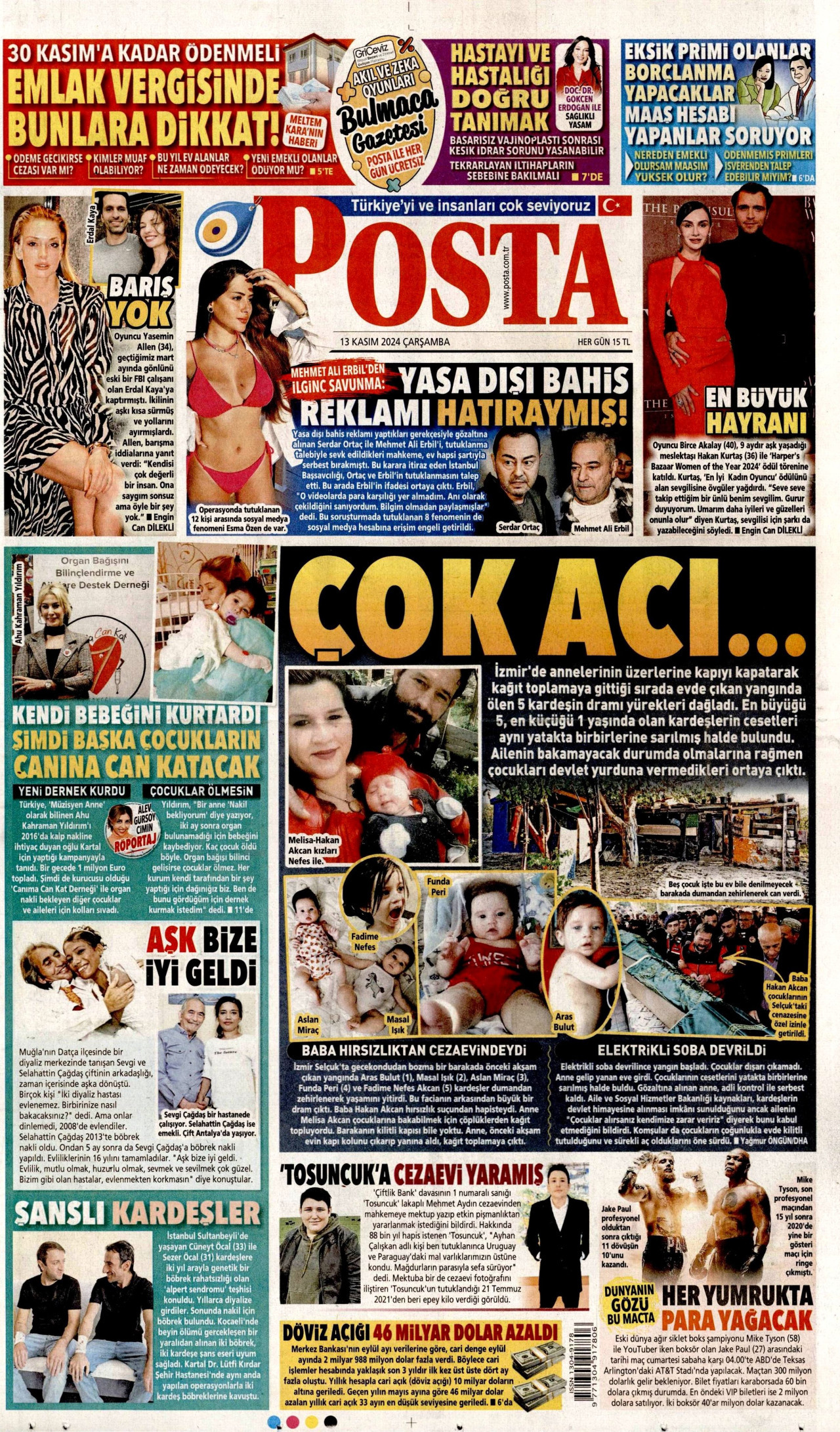 POSTA gazetesinin 13 Kasım 2024 tarihli birinci sayfası