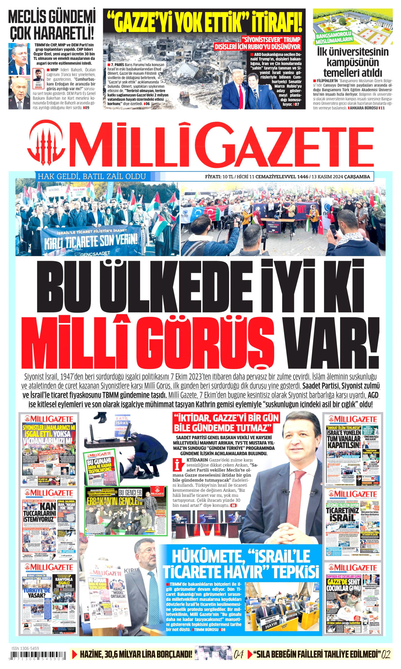 MİLLİ GAZETE gazetesinin 13 Kasım 2024 tarihli birinci sayfası