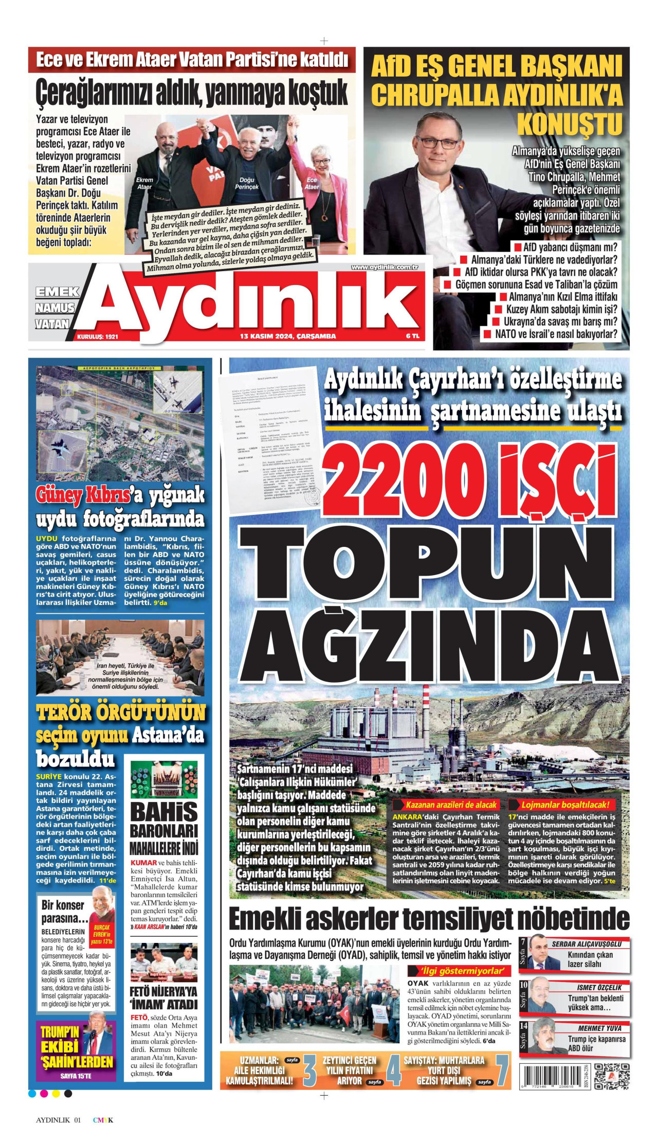 AYDINLIK GAZETESİ gazetesinin 13 Kasım 2024 tarihli birinci sayfası