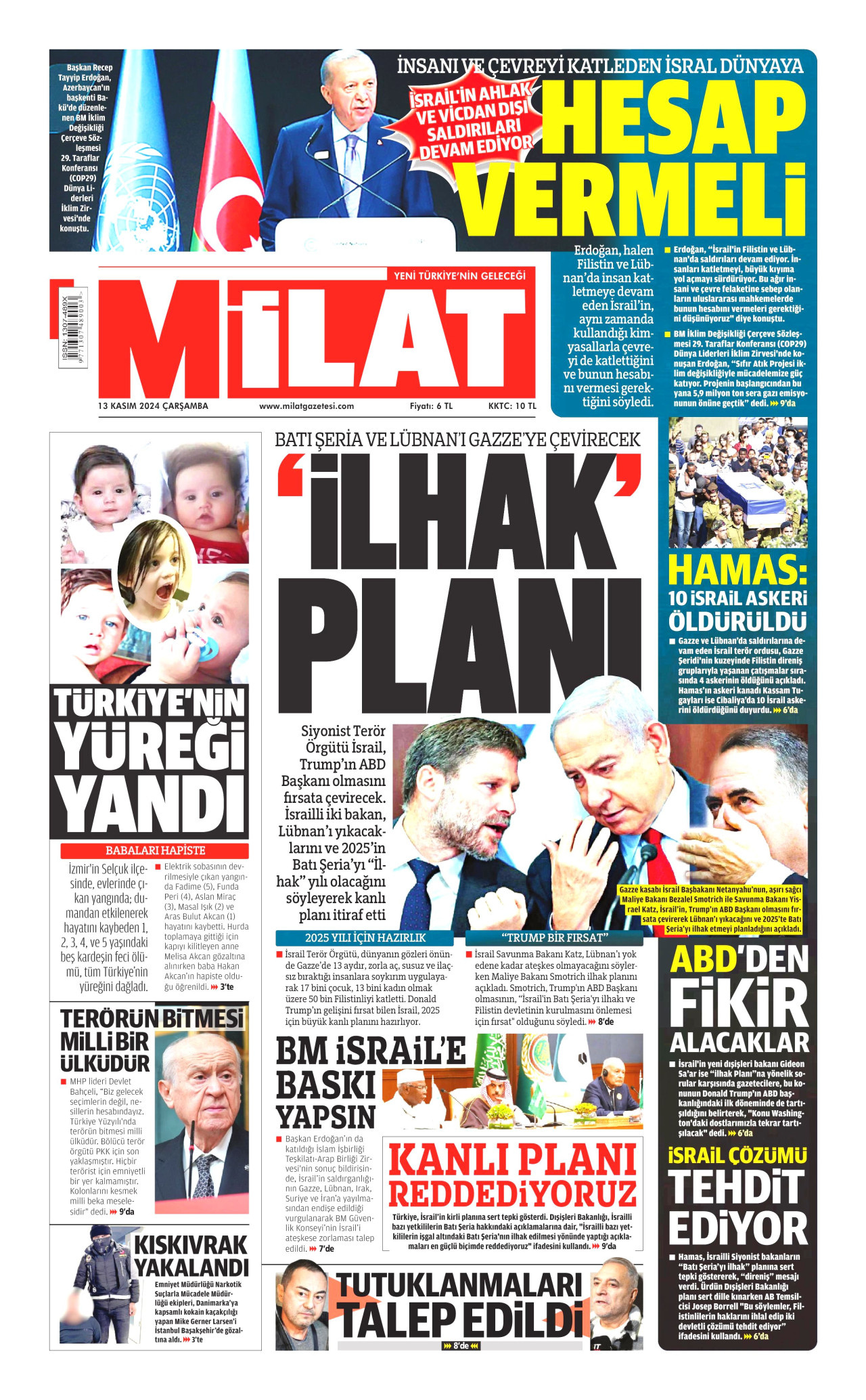MİLAT gazetesinin 13 Kasım 2024 tarihli birinci sayfası