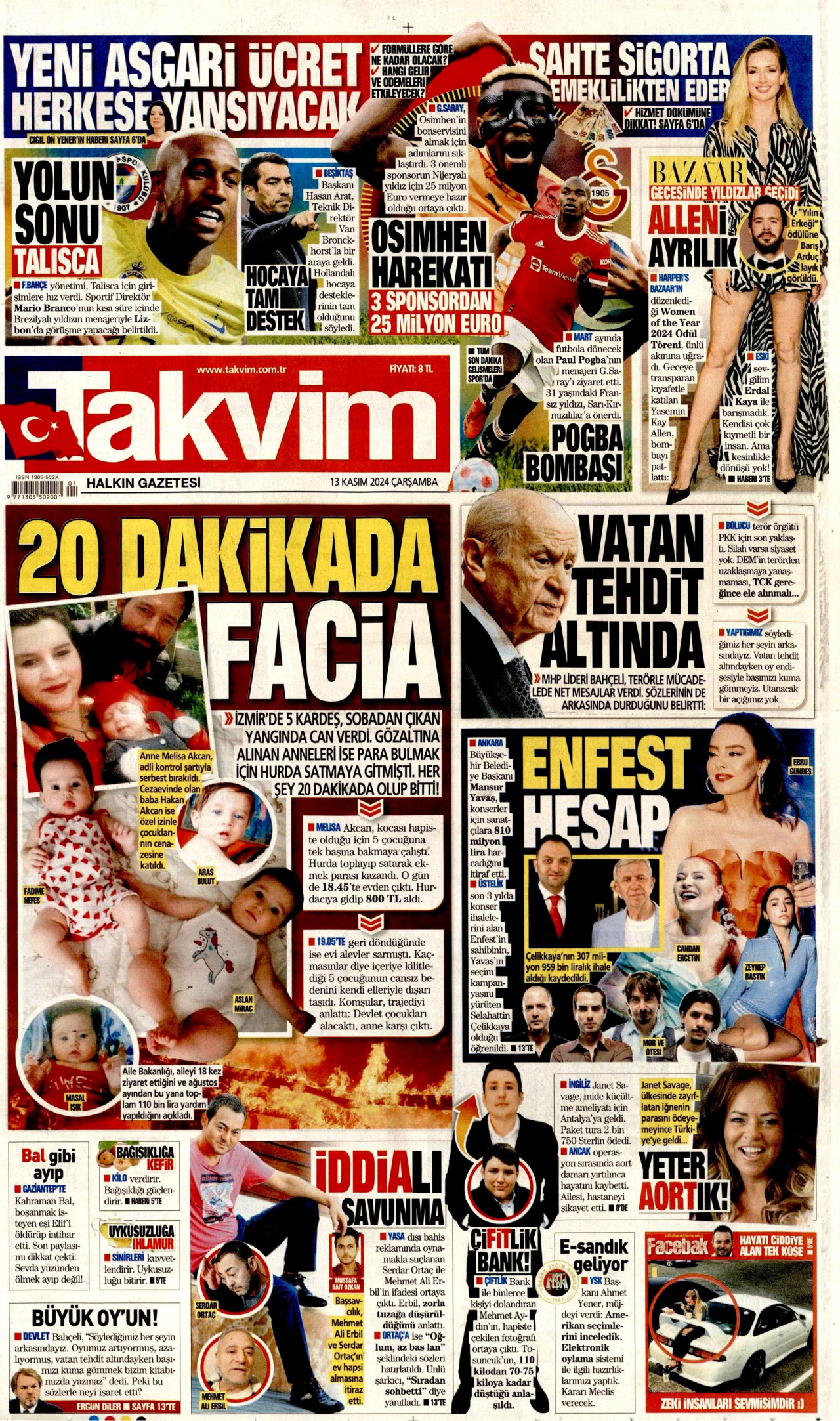 TAKVİM gazetesinin 13 Kasım 2024 tarihli birinci sayfası