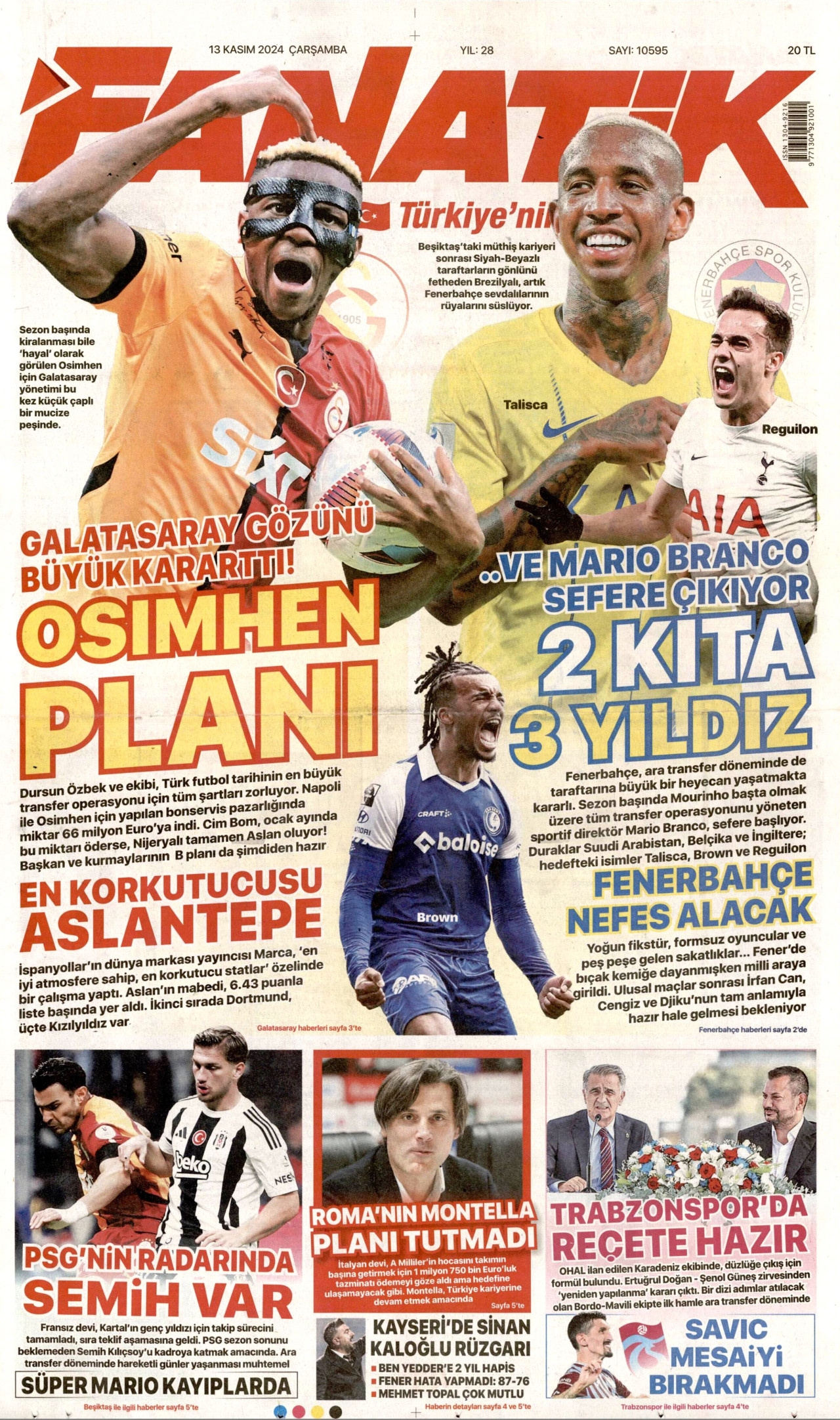 FANATİK gazetesinin 13 Kasım 2024 tarihli birinci sayfası