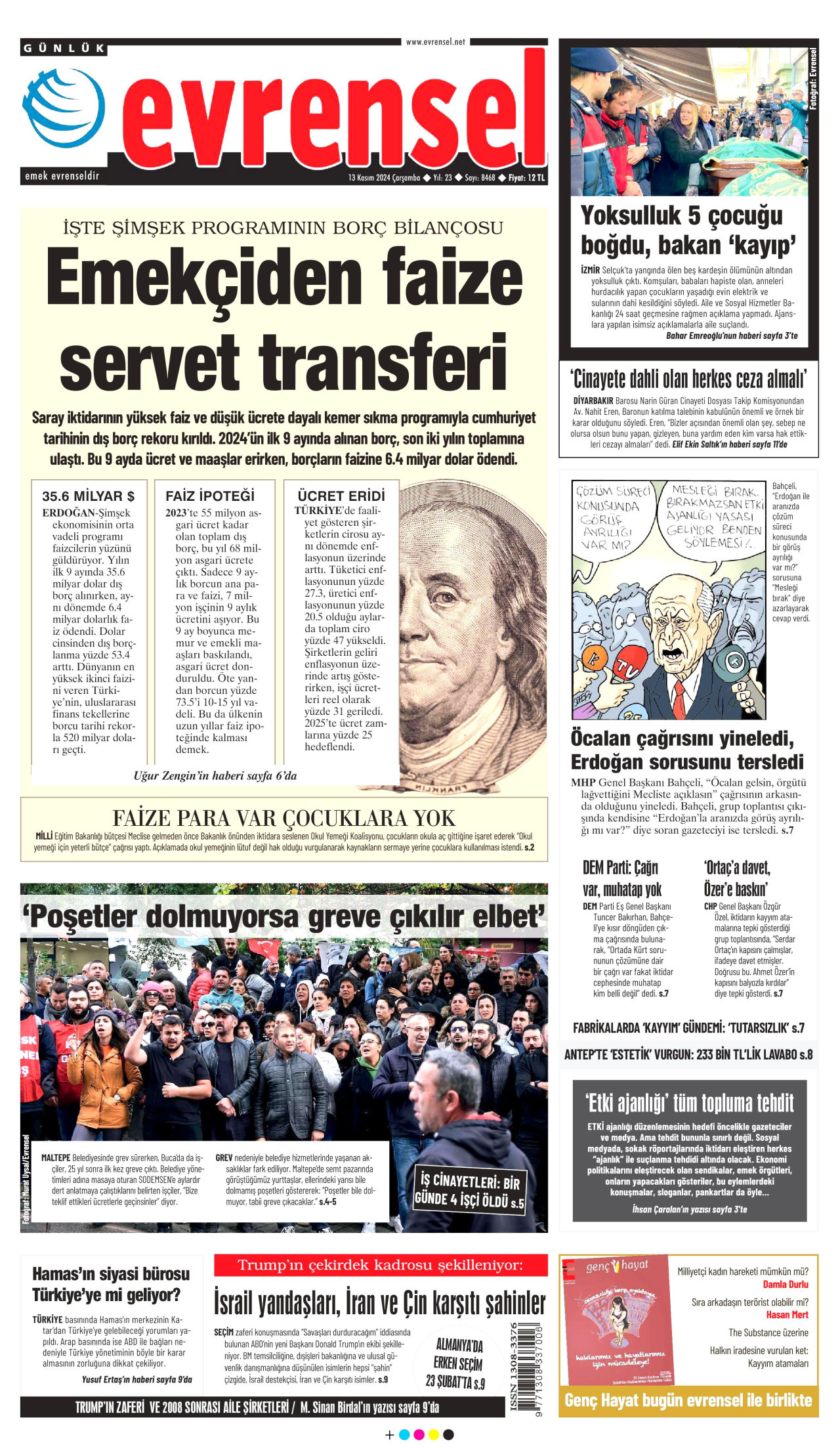 EVRENSEL gazetesinin 13 Kasım 2024 tarihli birinci sayfası