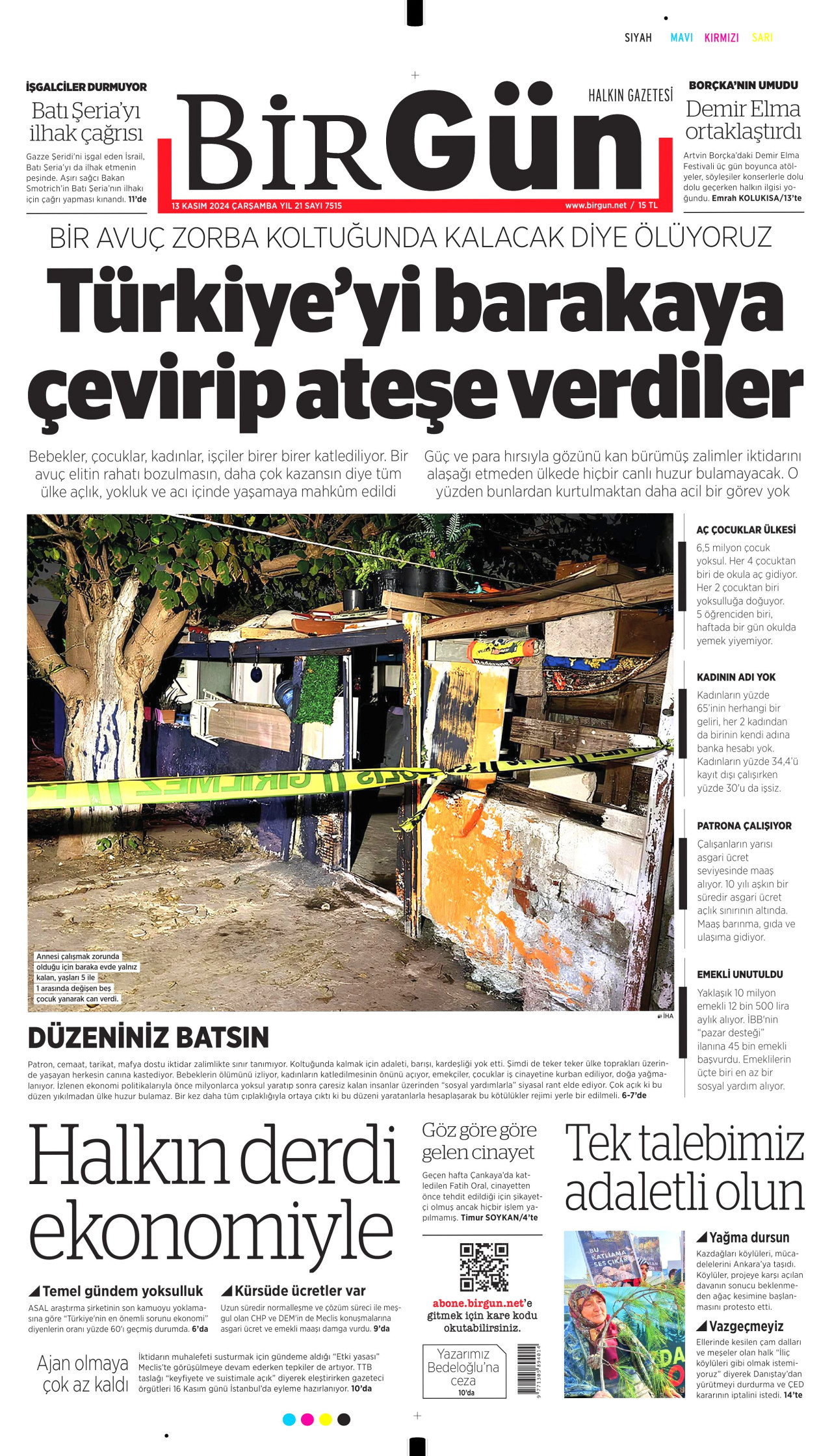BİRGÜN gazetesinin 13 Kasım 2024 tarihli birinci sayfası