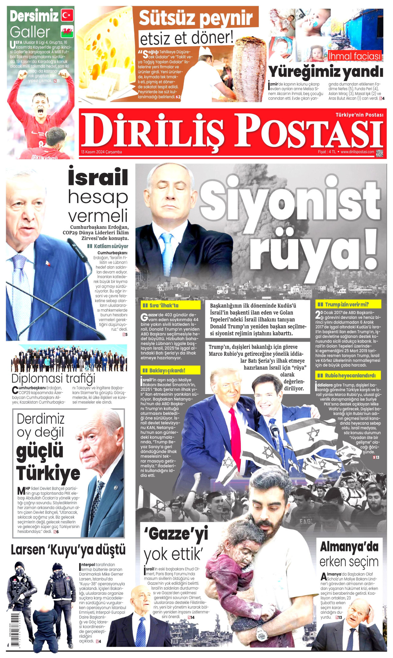 DİRİLİŞ POSTASI gazetesinin 13 Kasım 2024 tarihli birinci sayfası