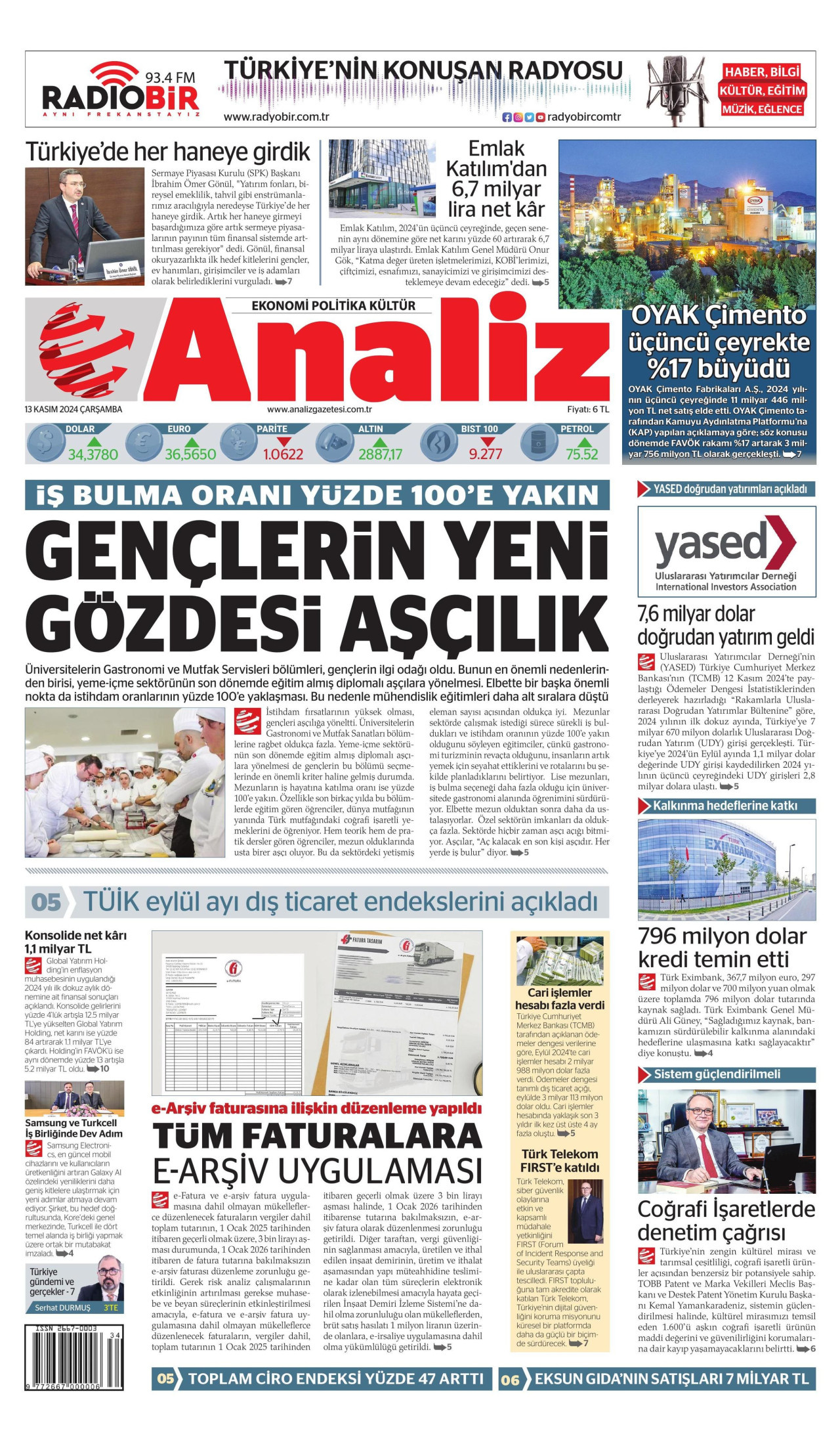 ANALİZ gazetesinin 13 Kasım 2024 tarihli birinci sayfası
