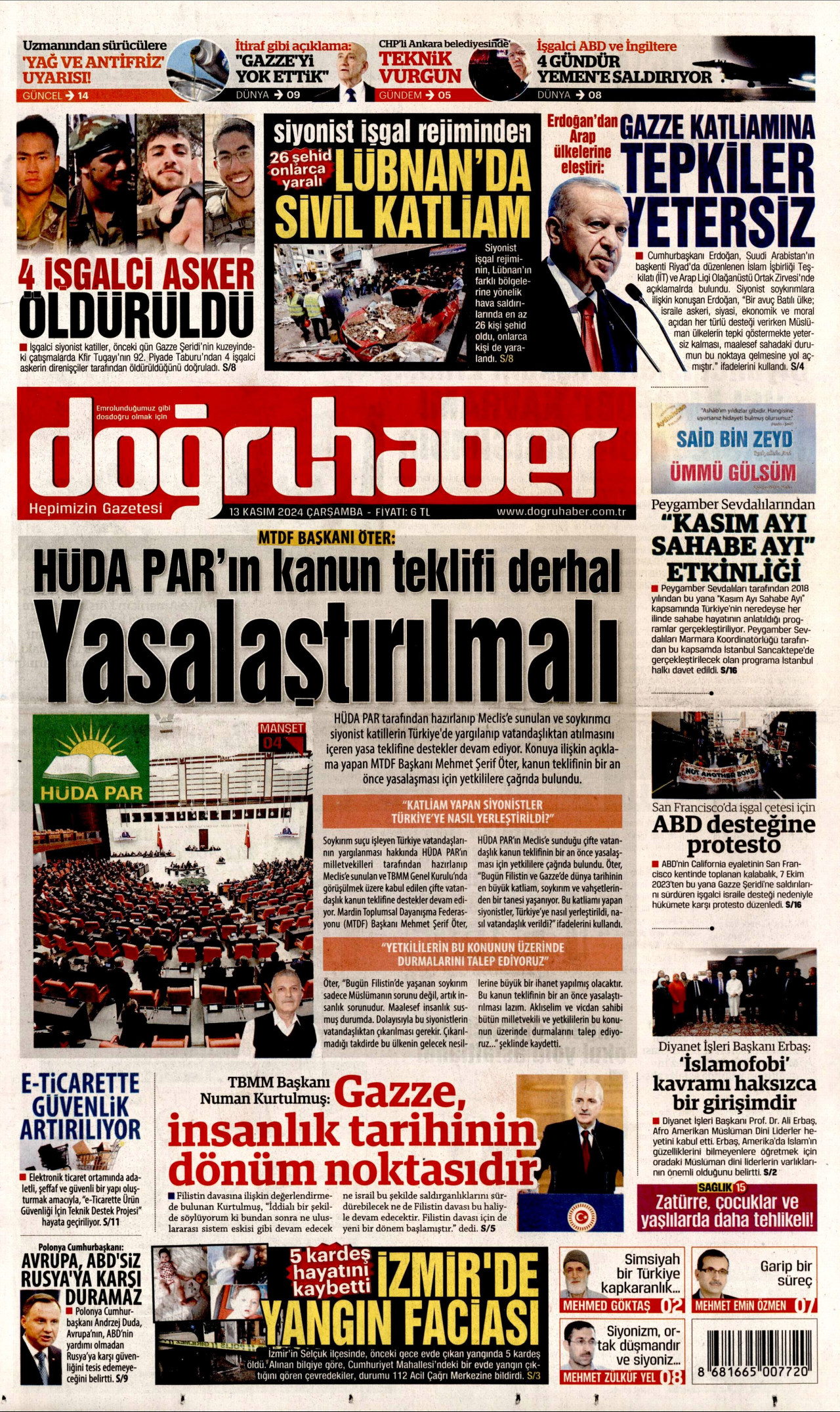 DOĞRU HABER gazetesinin 13 Kasım 2024 tarihli birinci sayfası