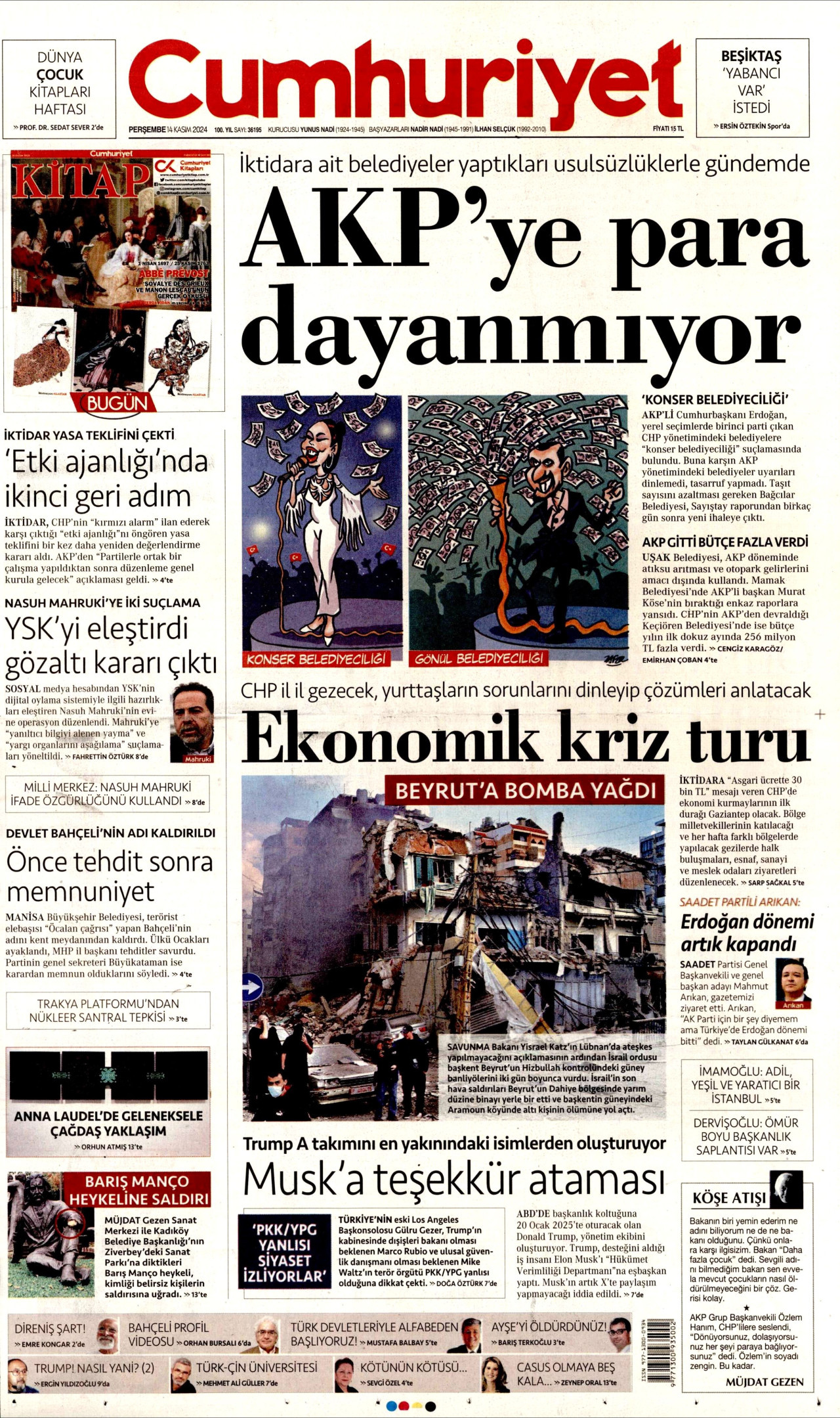 CUMHURİYET gazetesinin 14 Kasım 2024 tarihli birinci sayfası