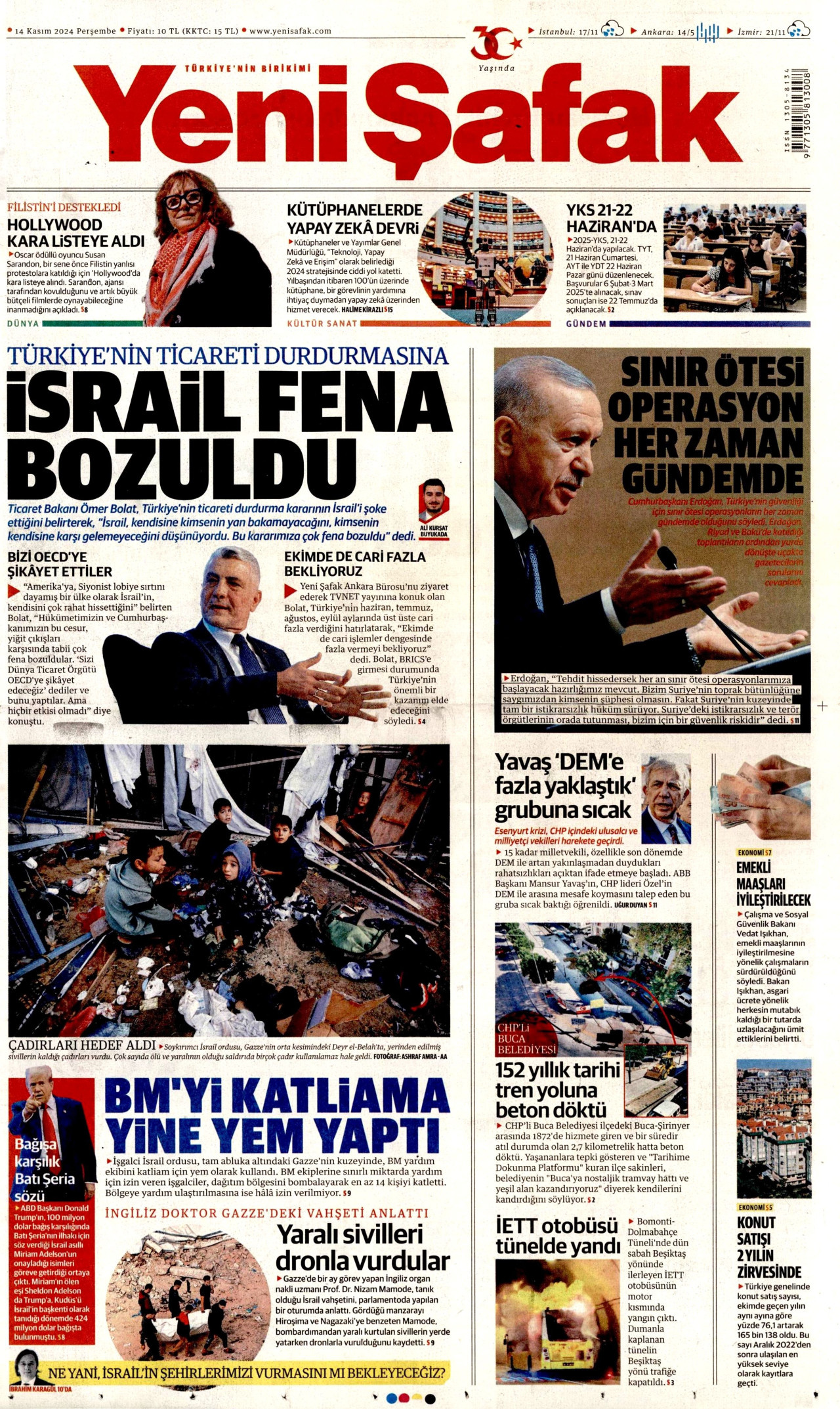 YENİ ŞAFAK gazetesinin 14 Kasım 2024 tarihli birinci sayfası