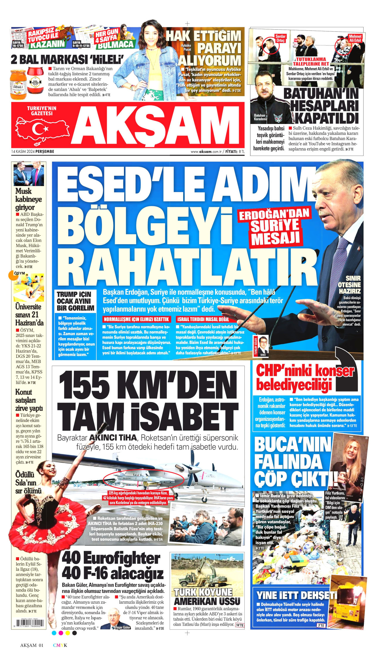 AKŞAM gazetesinin 14 Kasım 2024 tarihli birinci sayfası
