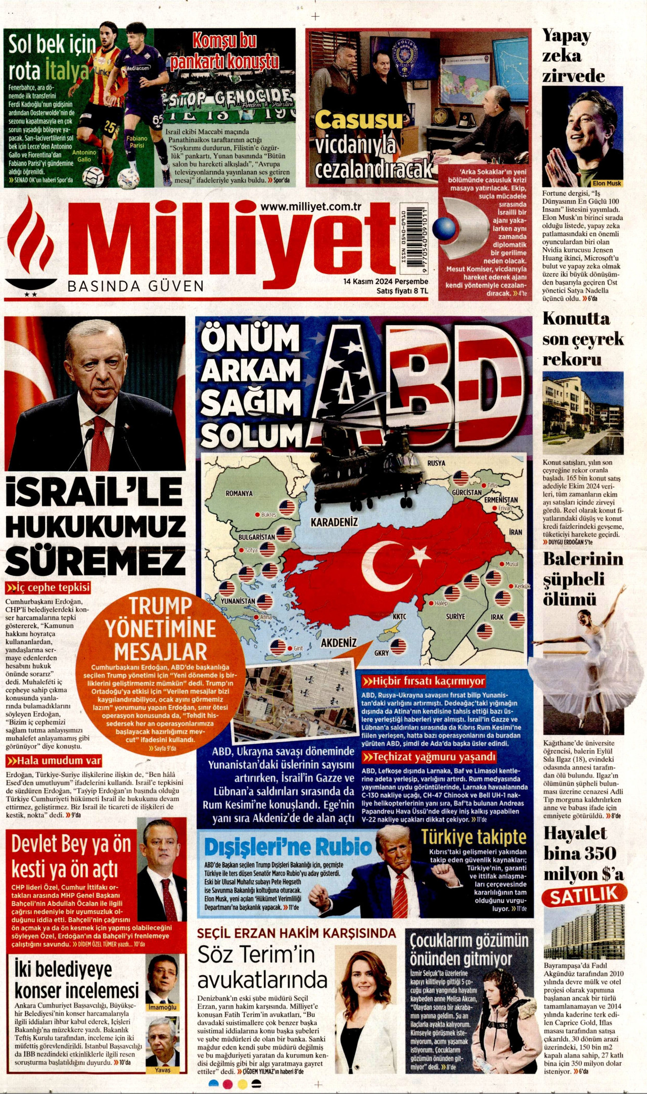 MİLLİYET gazetesinin 14 Kasım 2024 tarihli birinci sayfası