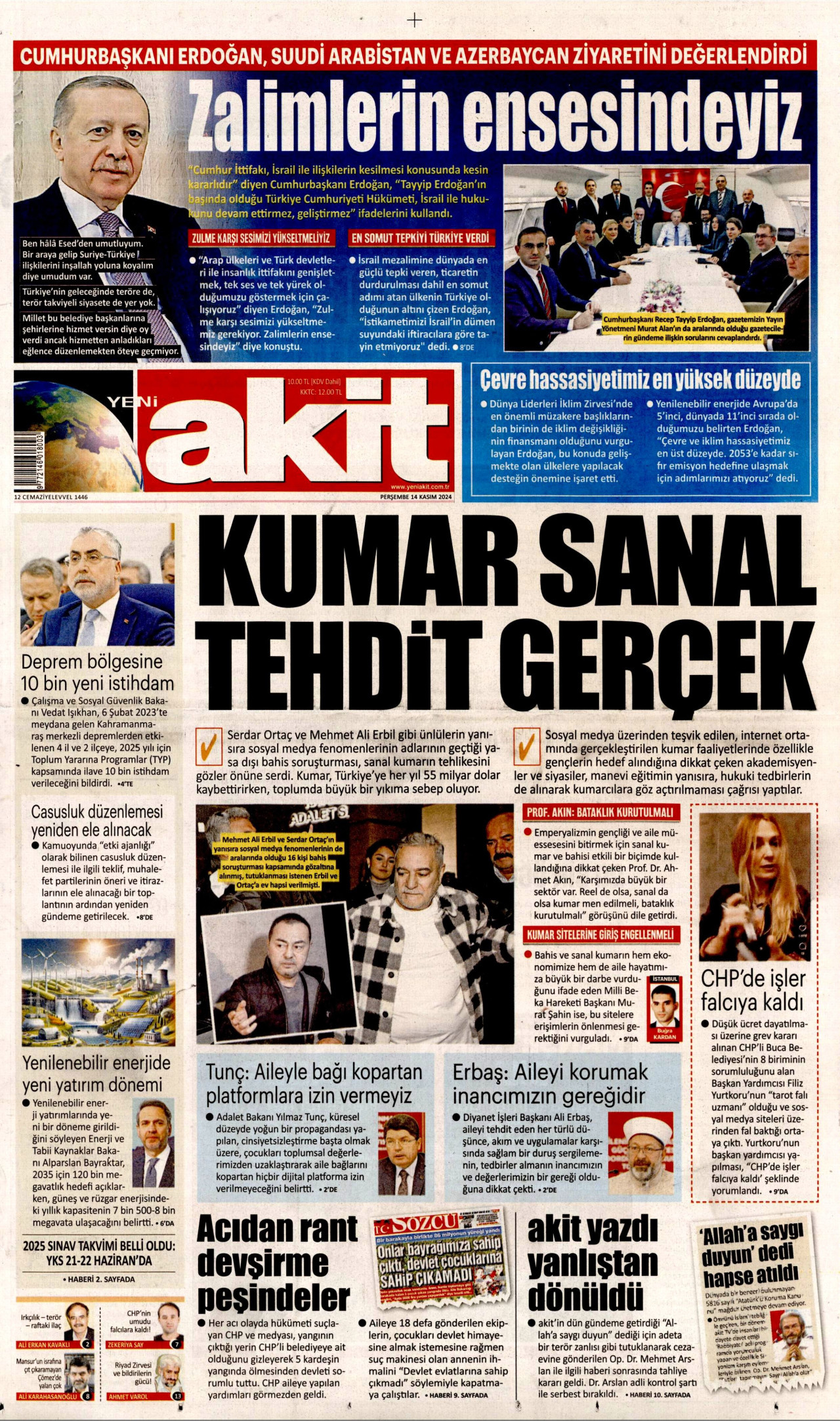 YENİ AKİT gazetesinin 14 Kasım 2024 tarihli birinci sayfası