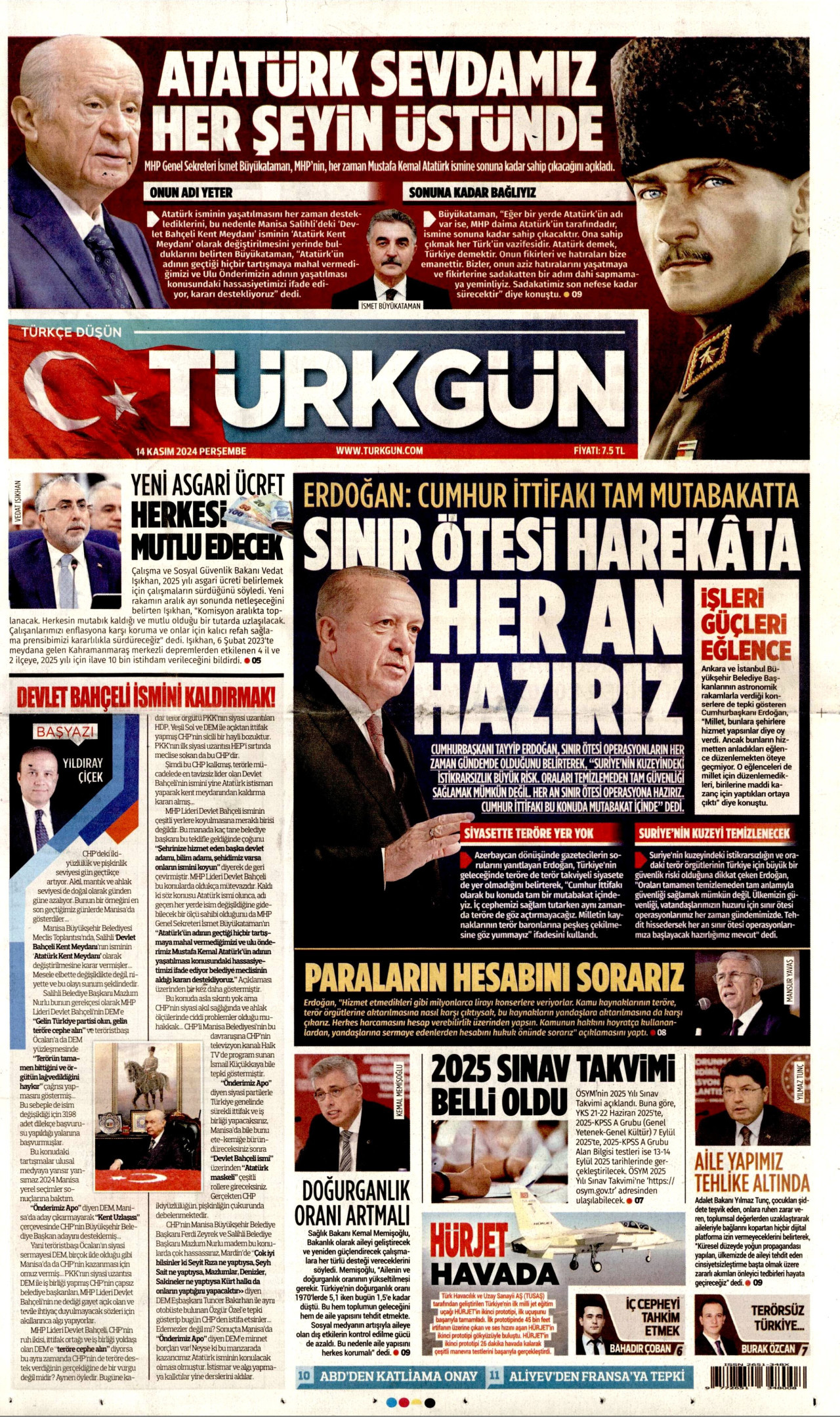 TÜRKGÜN gazetesinin 14 Kasım 2024 tarihli birinci sayfası