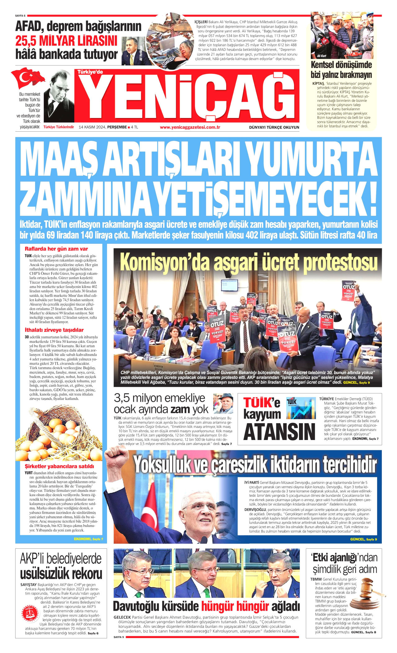 YENİÇAĞ gazetesinin 14 Kasım 2024 tarihli birinci sayfası