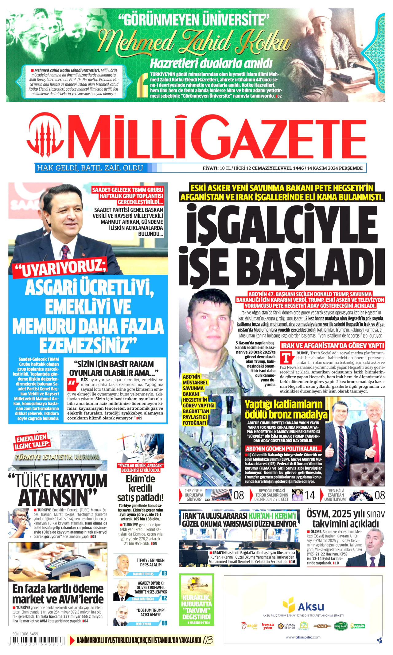 MİLLİ GAZETE gazetesinin 14 Kasım 2024 tarihli birinci sayfası