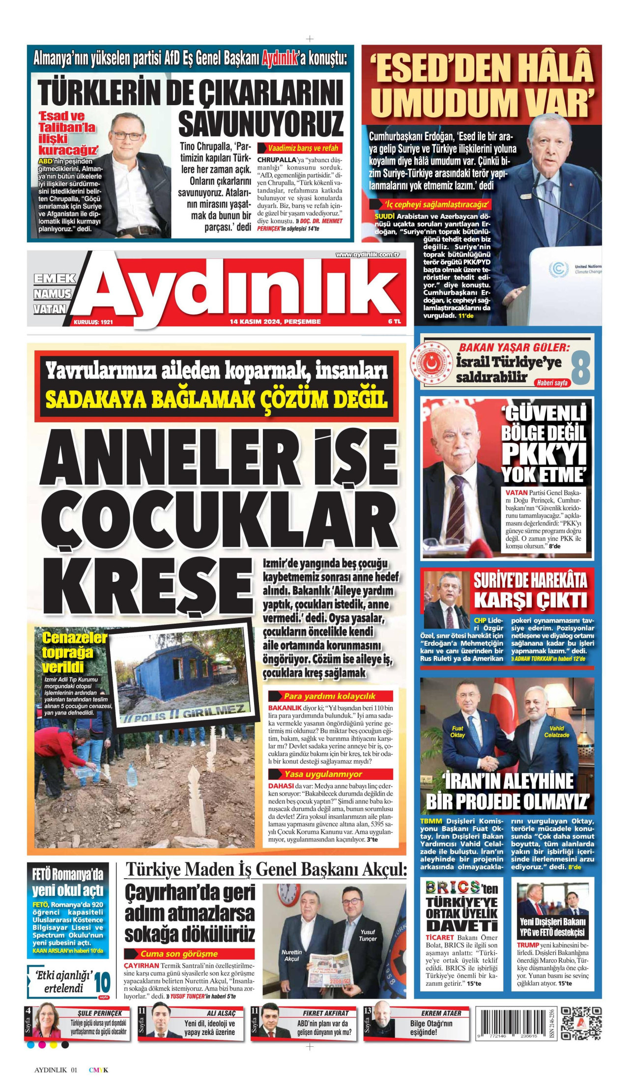 AYDINLIK GAZETESİ gazetesinin 14 Kasım 2024 tarihli birinci sayfası
