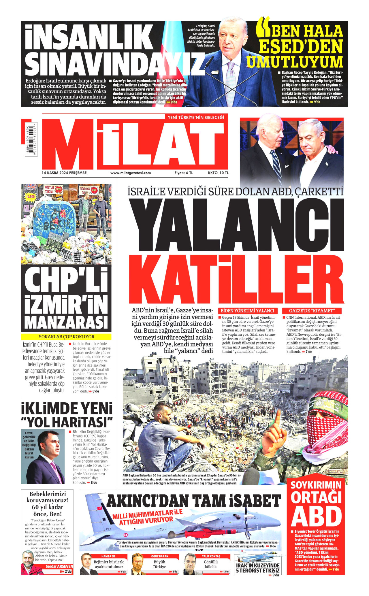 MİLAT gazetesinin 14 Kasım 2024 tarihli birinci sayfası