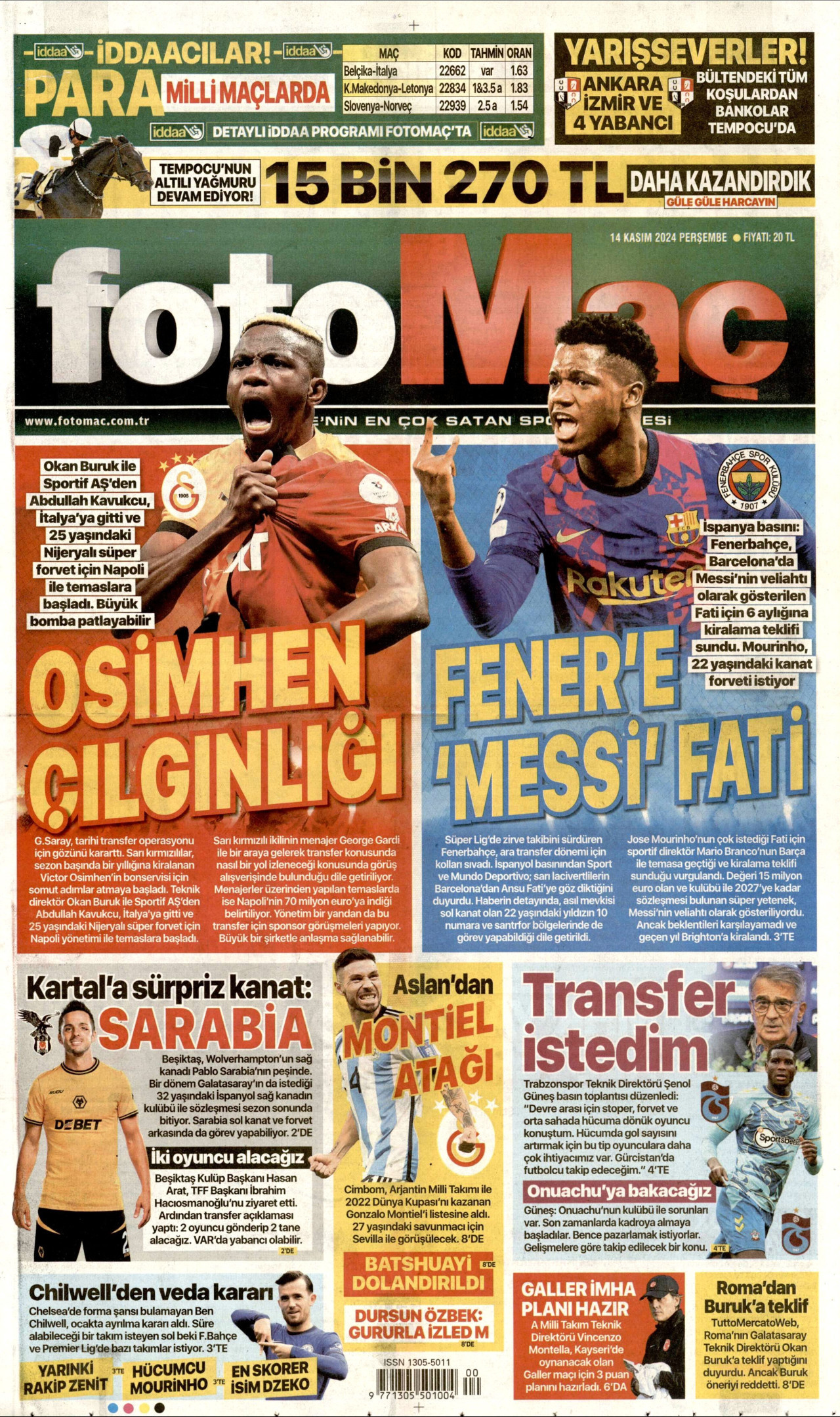 FOTOMAÇ gazetesinin 14 Kasım 2024 tarihli birinci sayfası