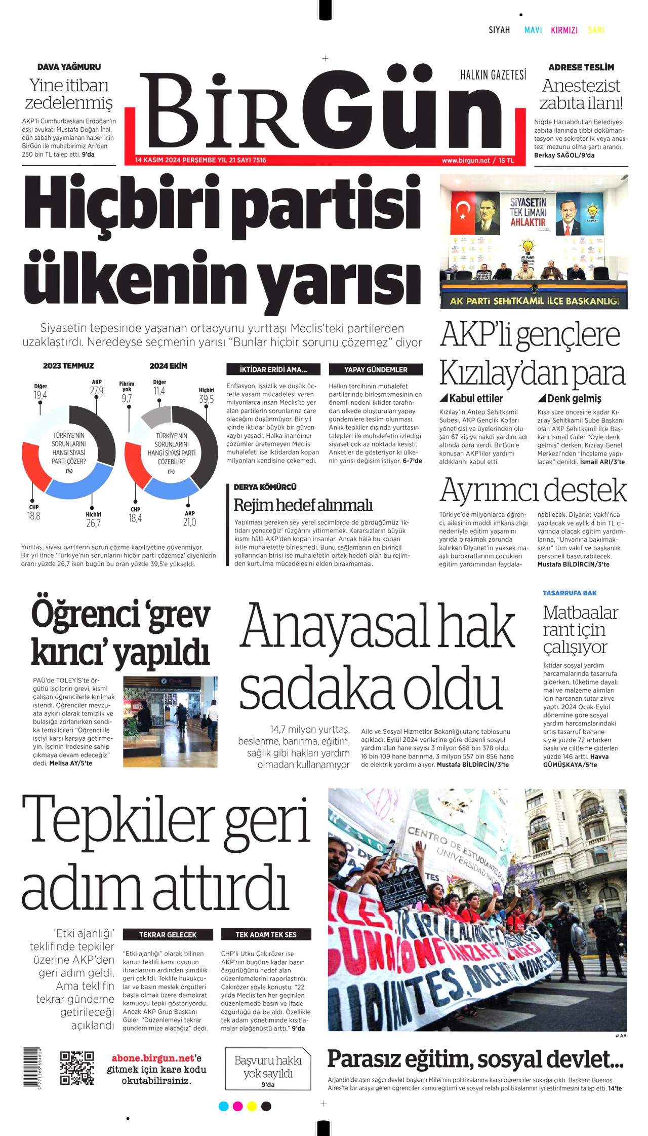 BİRGÜN gazetesinin 14 Kasım 2024 tarihli birinci sayfası