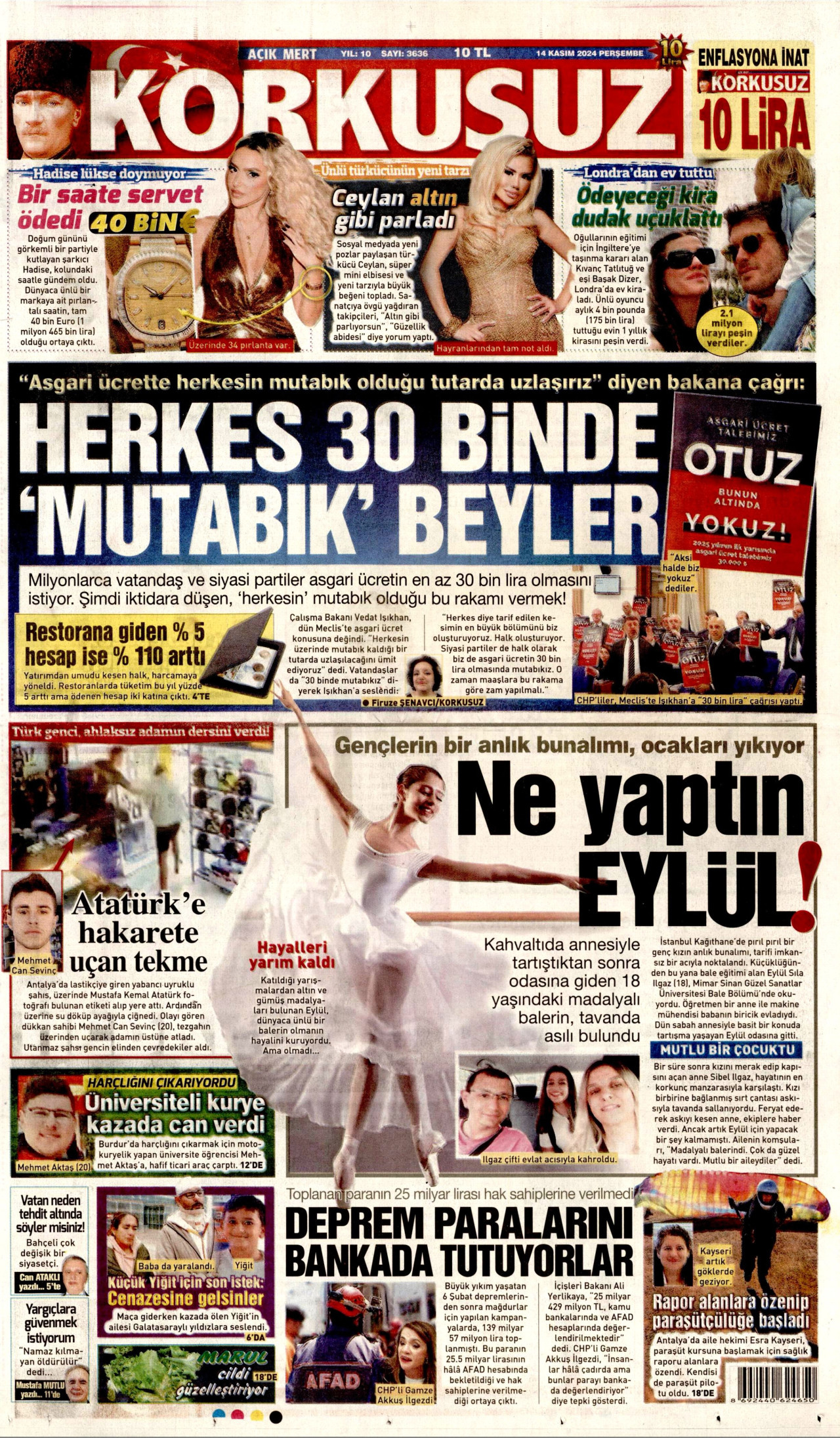KORKUSUZ gazetesinin 14 Kasım 2024 tarihli birinci sayfası