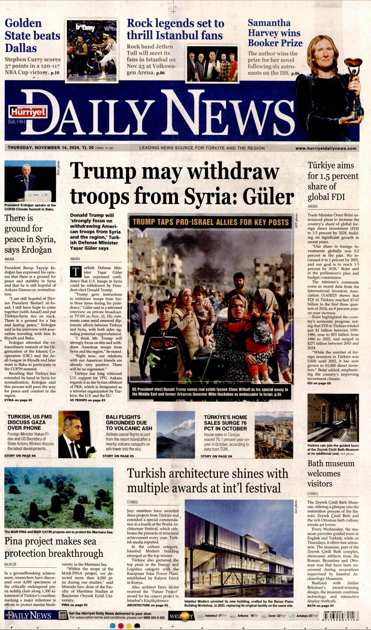 HÜRRİYET DAİLY NEWS gazetesinin 14 Kasım 2024 tarihli birinci sayfası