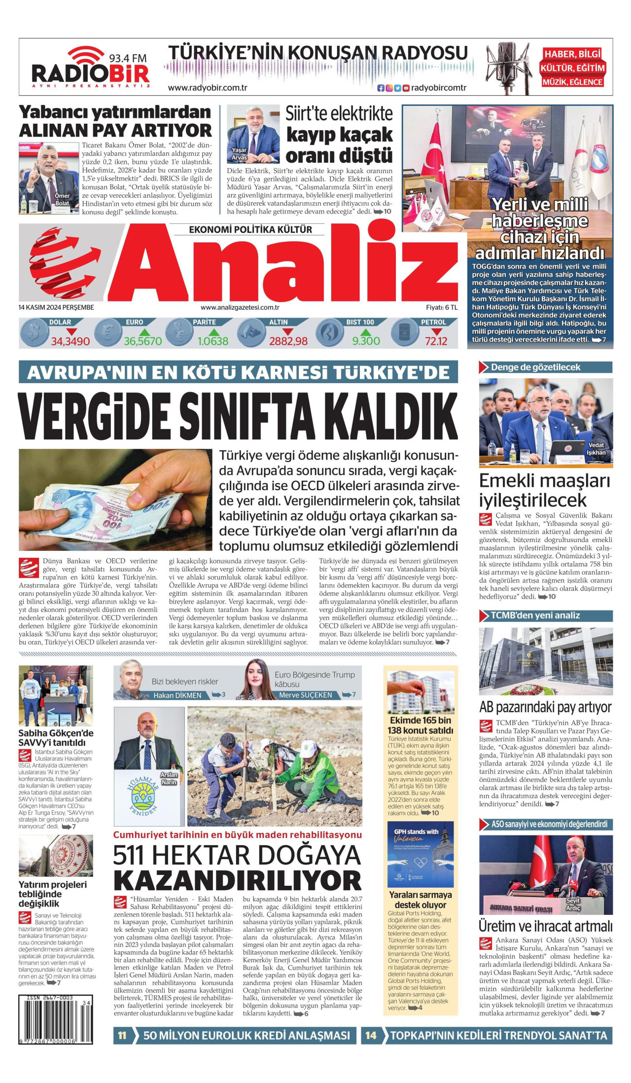 ANALİZ gazetesinin 14 Kasım 2024 tarihli birinci sayfası