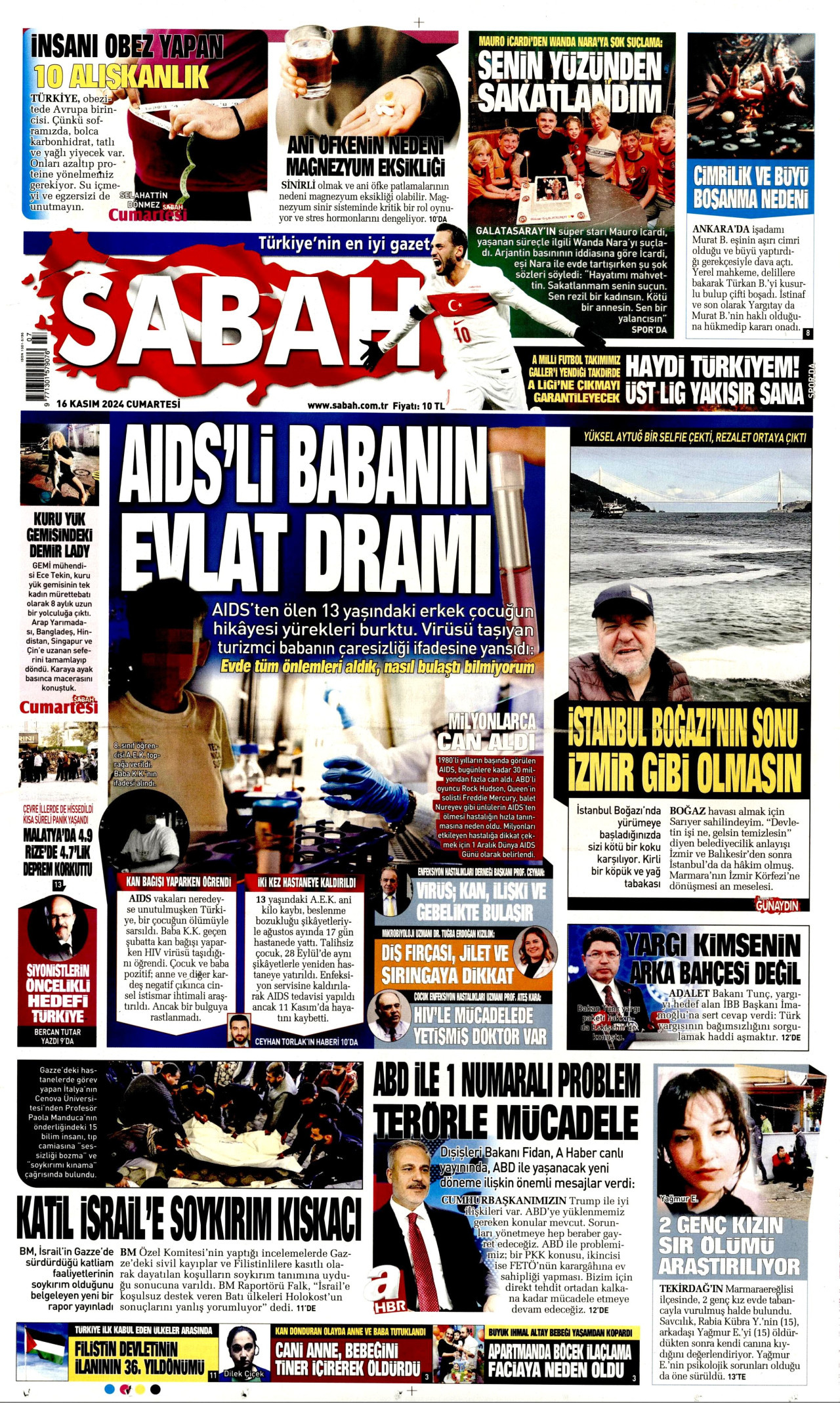 SABAH gazetesinin 16 Kasım 2024 tarihli birinci sayfası