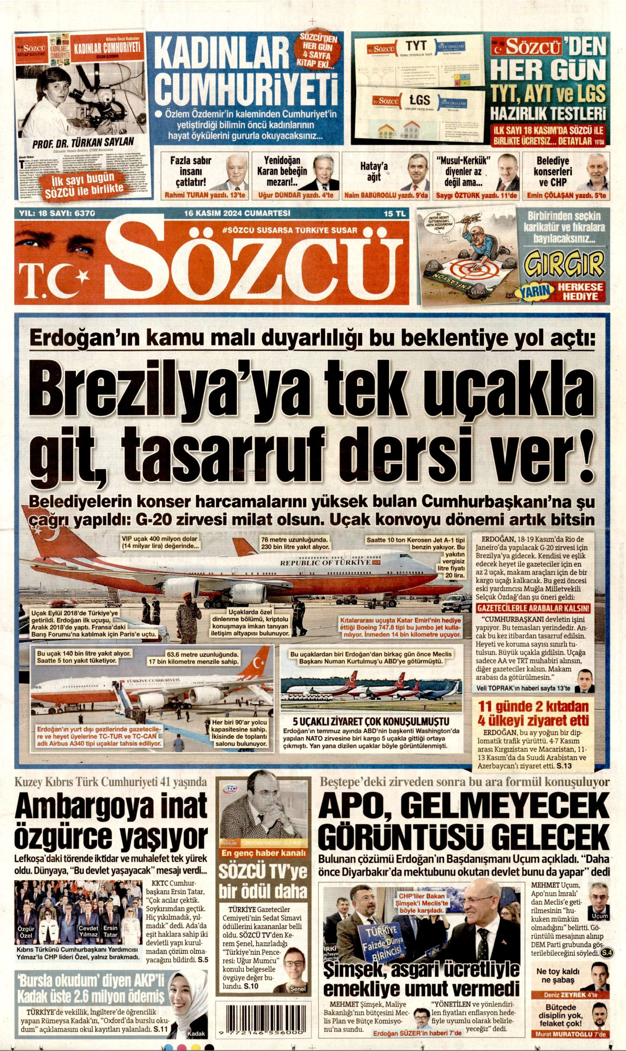 SÖZCÜ gazetesinin 16 Kasım 2024 tarihli birinci sayfası