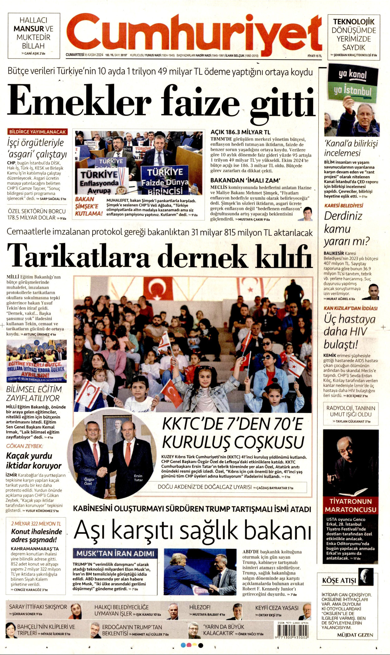 CUMHURİYET gazetesinin 16 Kasım 2024 tarihli birinci sayfası
