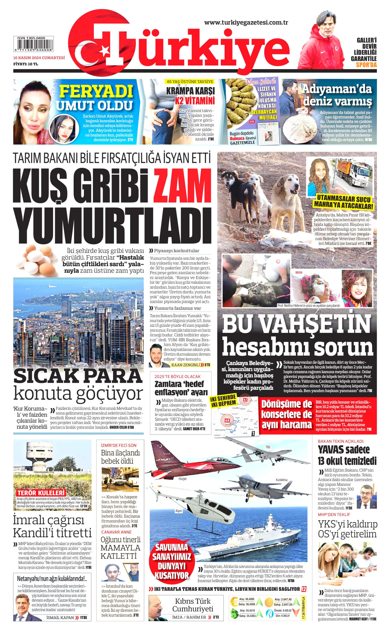 TÜRKİYE GAZETESİ gazetesinin 16 Kasım 2024 tarihli birinci sayfası