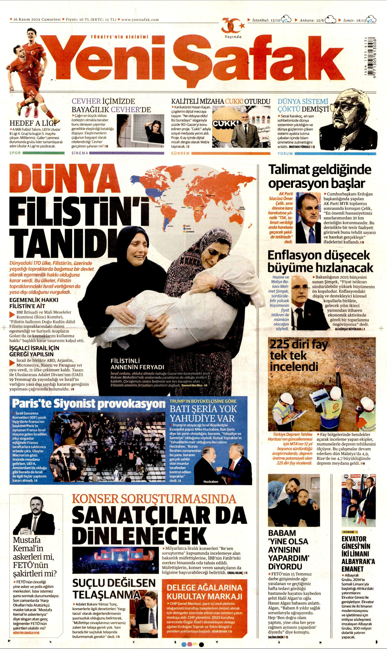 YENİ ŞAFAK gazetesinin 16 Kasım 2024 tarihli birinci sayfası