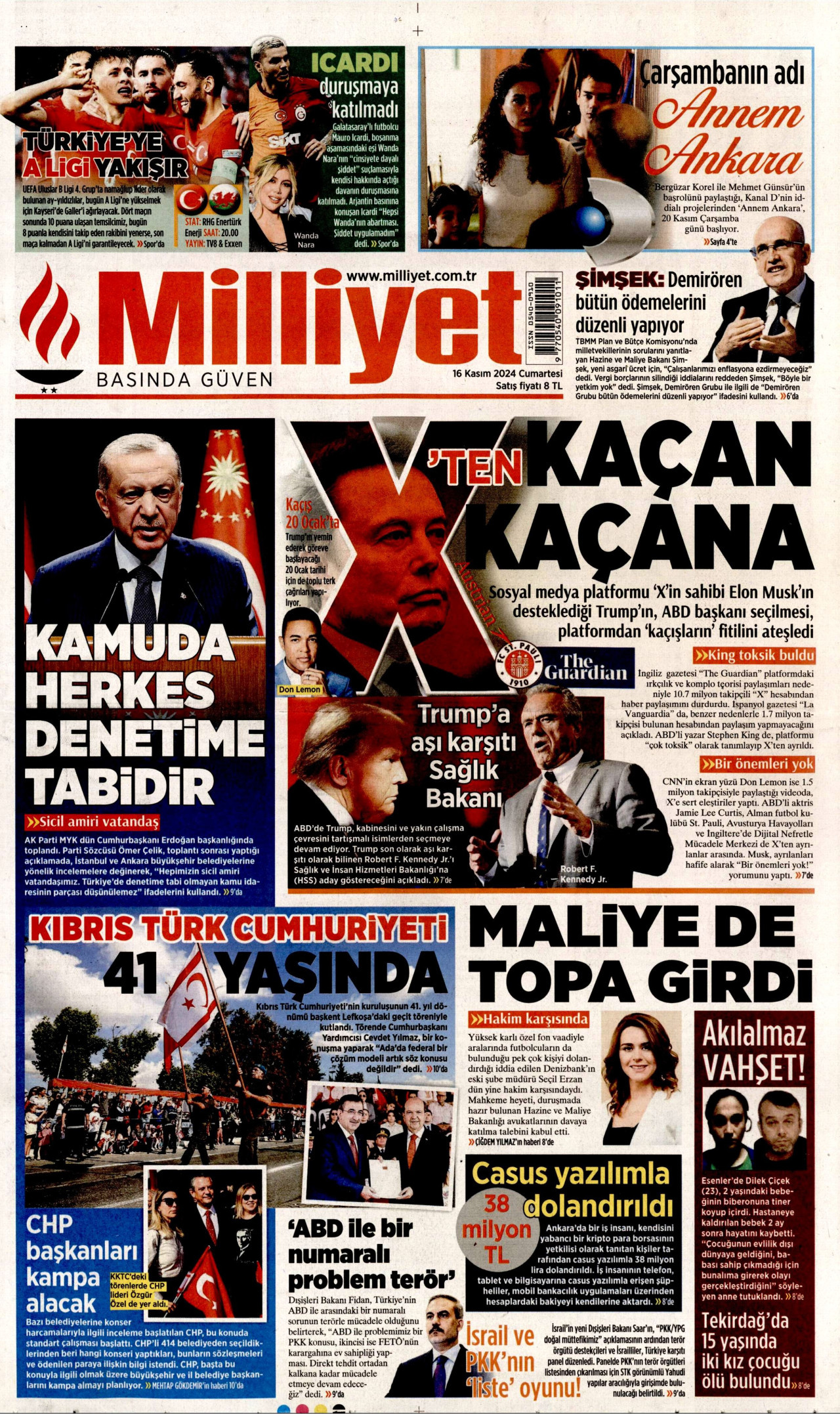 MİLLİYET gazetesinin 16 Kasım 2024 tarihli birinci sayfası