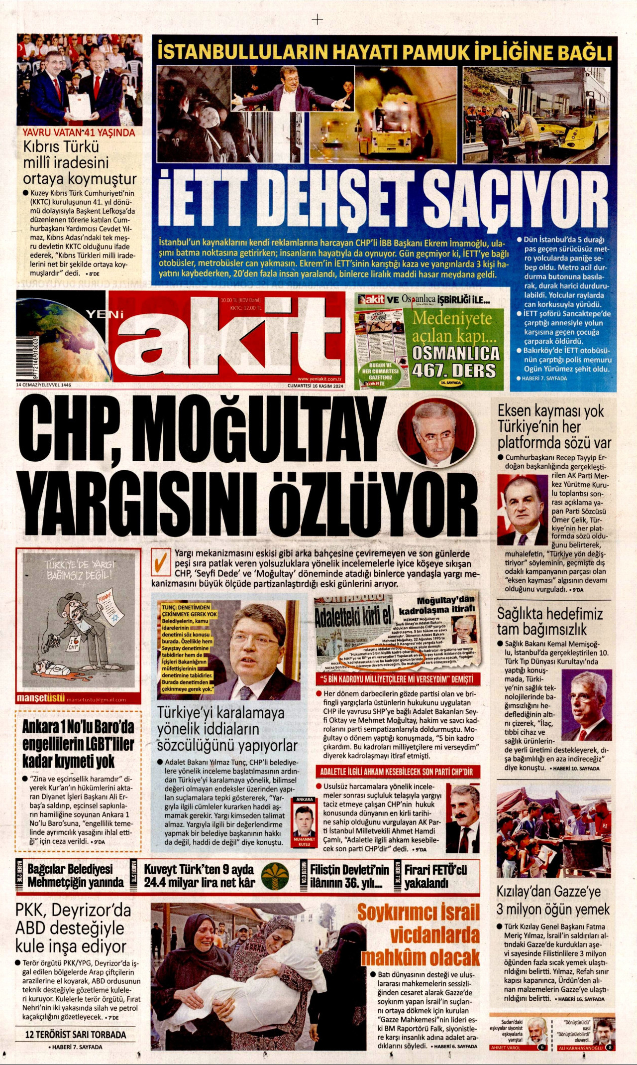 YENİ AKİT gazetesinin 16 Kasım 2024 tarihli birinci sayfası