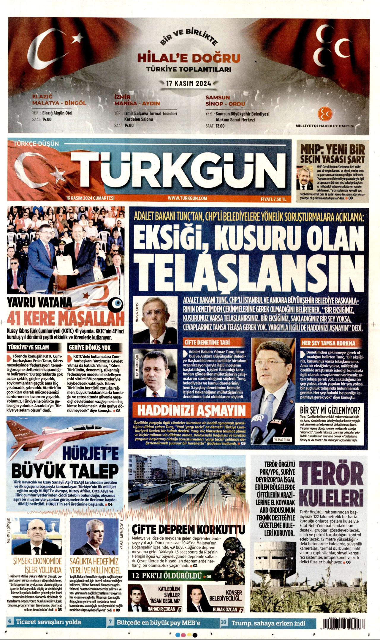 TÜRKGÜN gazetesinin 16 Kasım 2024 tarihli birinci sayfası