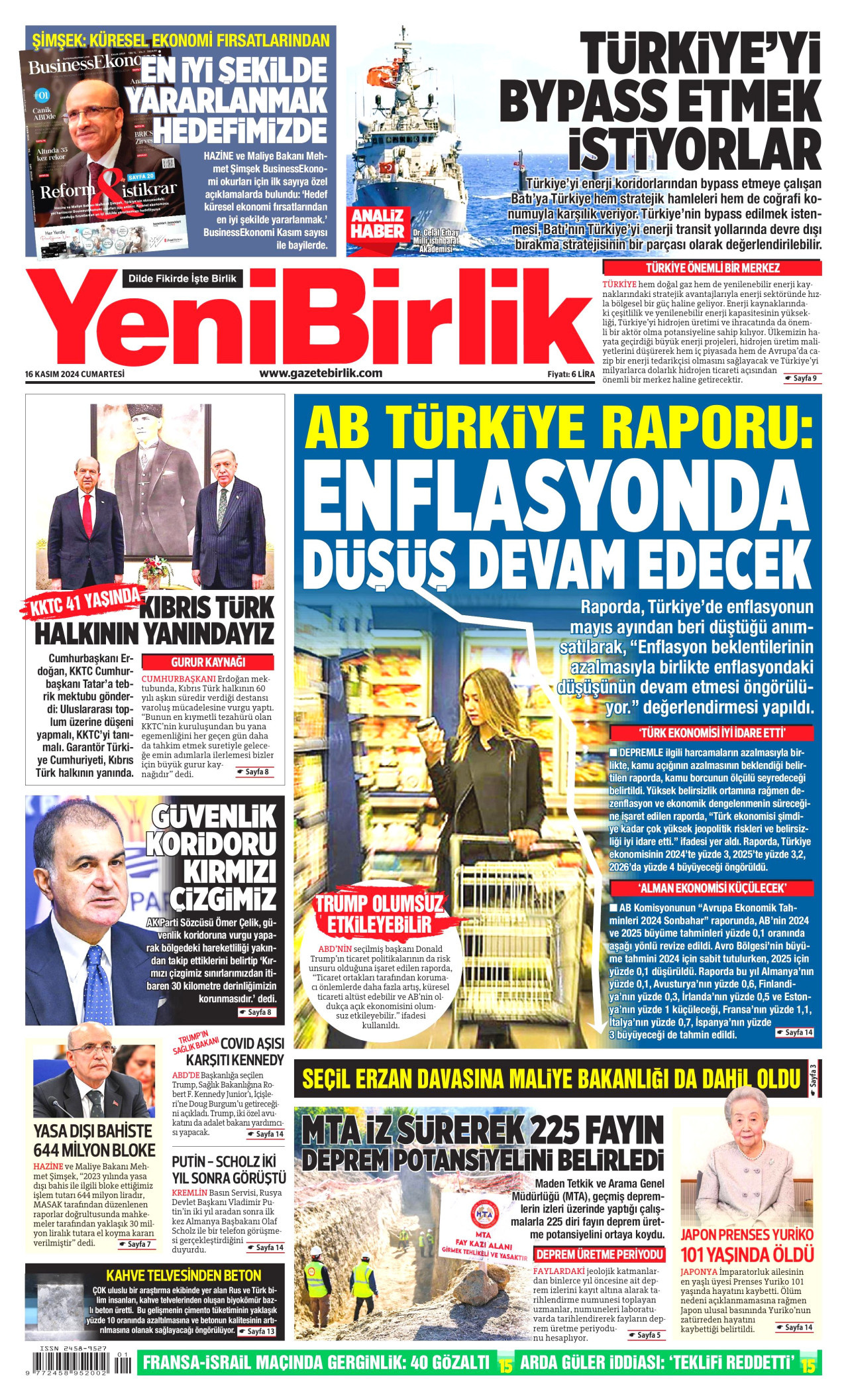 YENİBİRLİK gazetesinin 16 Kasım 2024 tarihli birinci sayfası