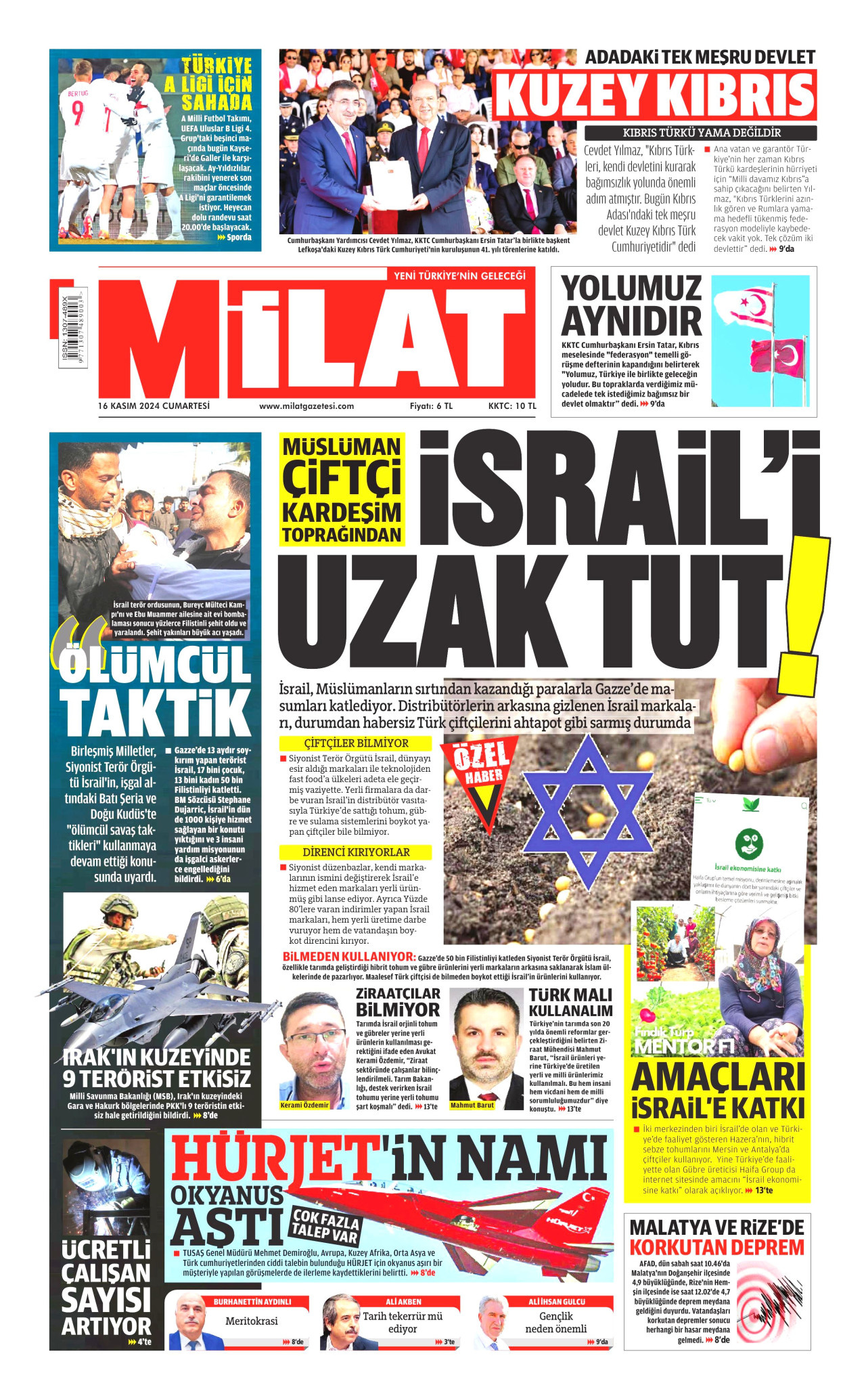 MİLAT gazetesinin 16 Kasım 2024 tarihli birinci sayfası