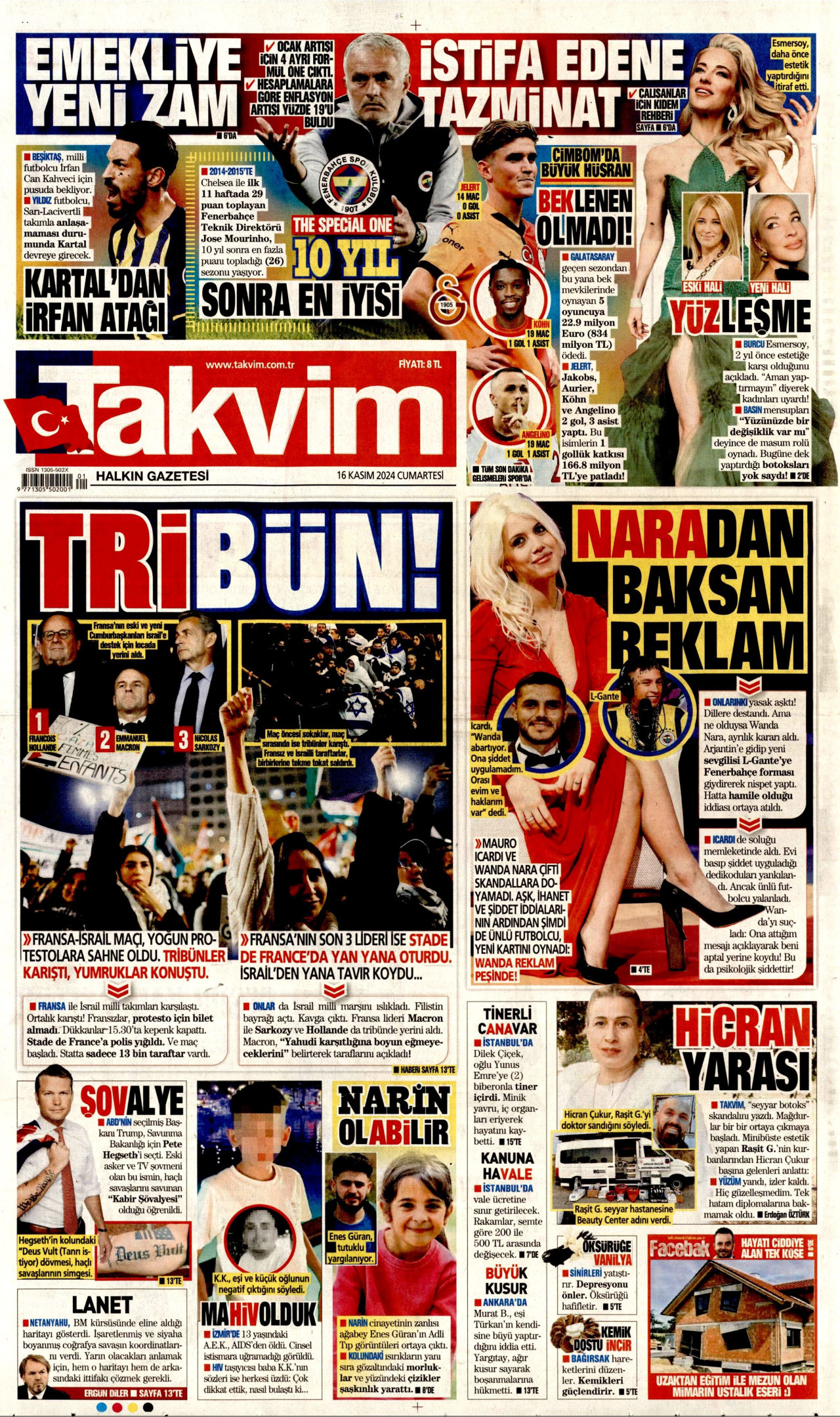 TAKVİM gazetesinin 16 Kasım 2024 tarihli birinci sayfası