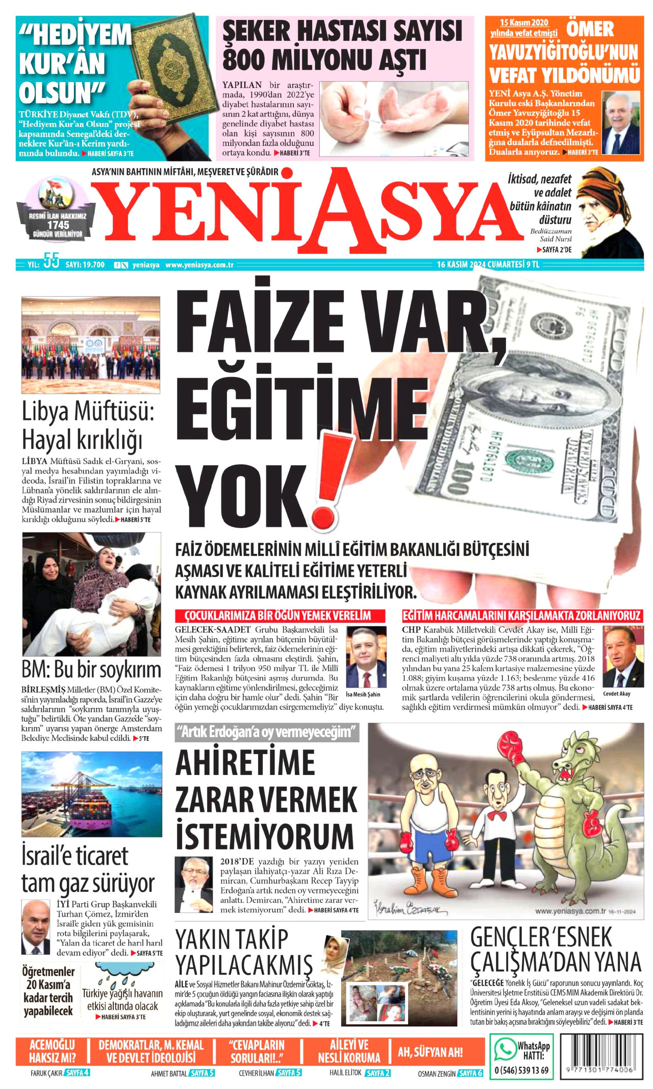 YENİ ASYA gazetesinin 16 Kasım 2024 tarihli birinci sayfası