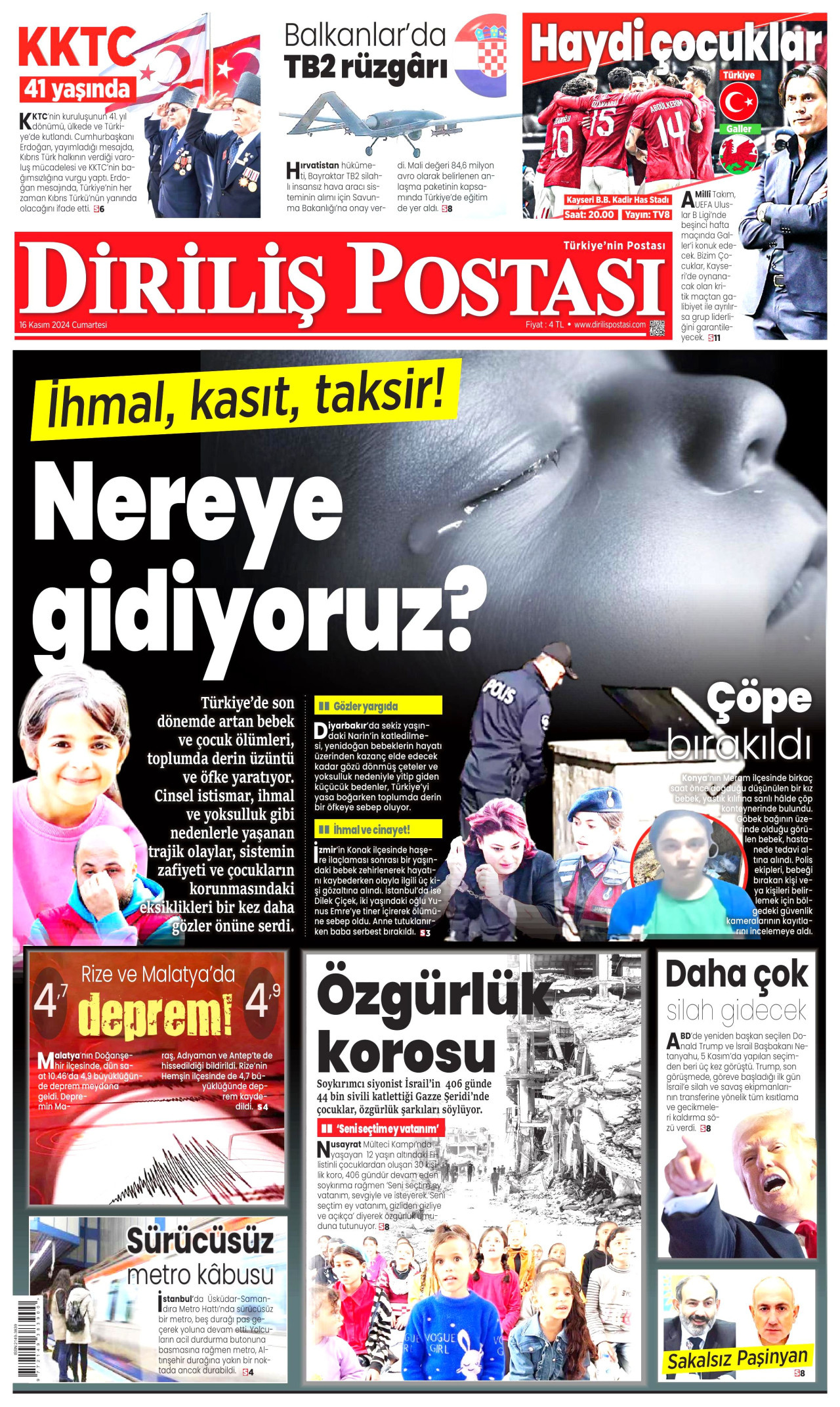 DİRİLİŞ POSTASI gazetesinin 16 Kasım 2024 tarihli birinci sayfası