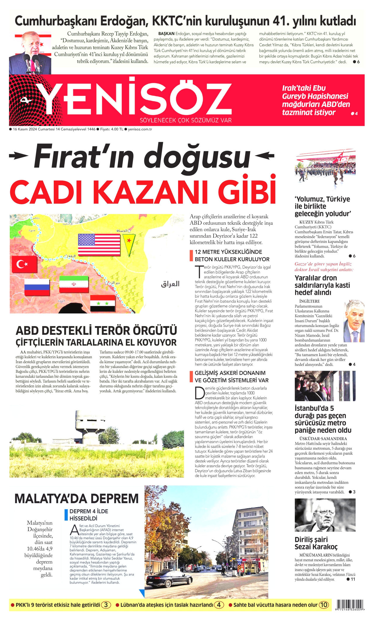 YENİ SÖZ GAZETESİ gazetesinin 16 Kasım 2024 tarihli birinci sayfası