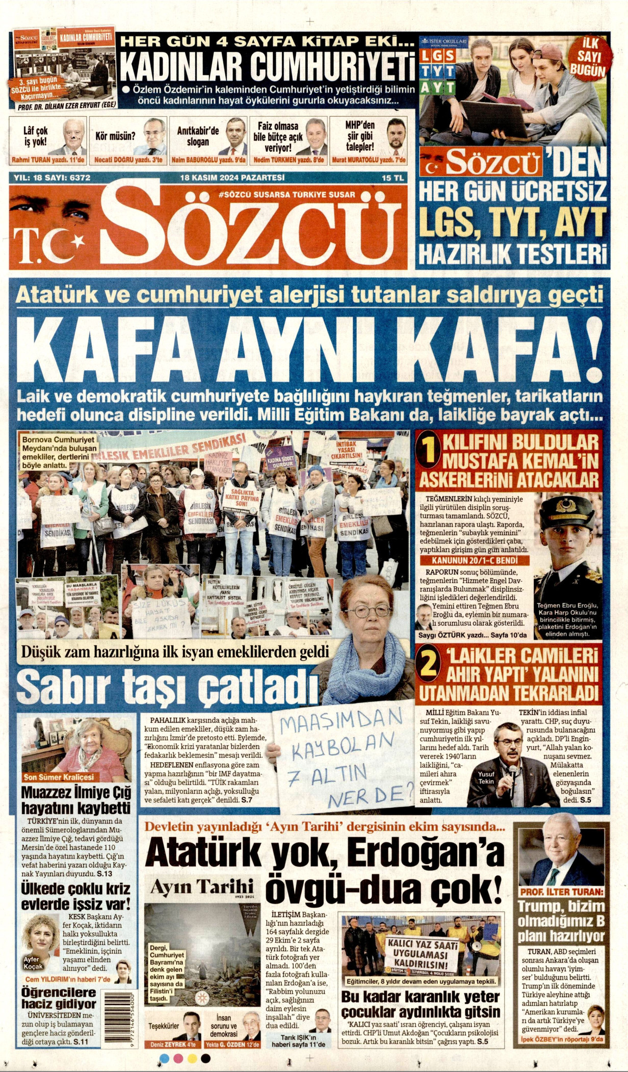 SÖZCÜ gazetesinin 18 Kasım 2024 tarihli birinci sayfası