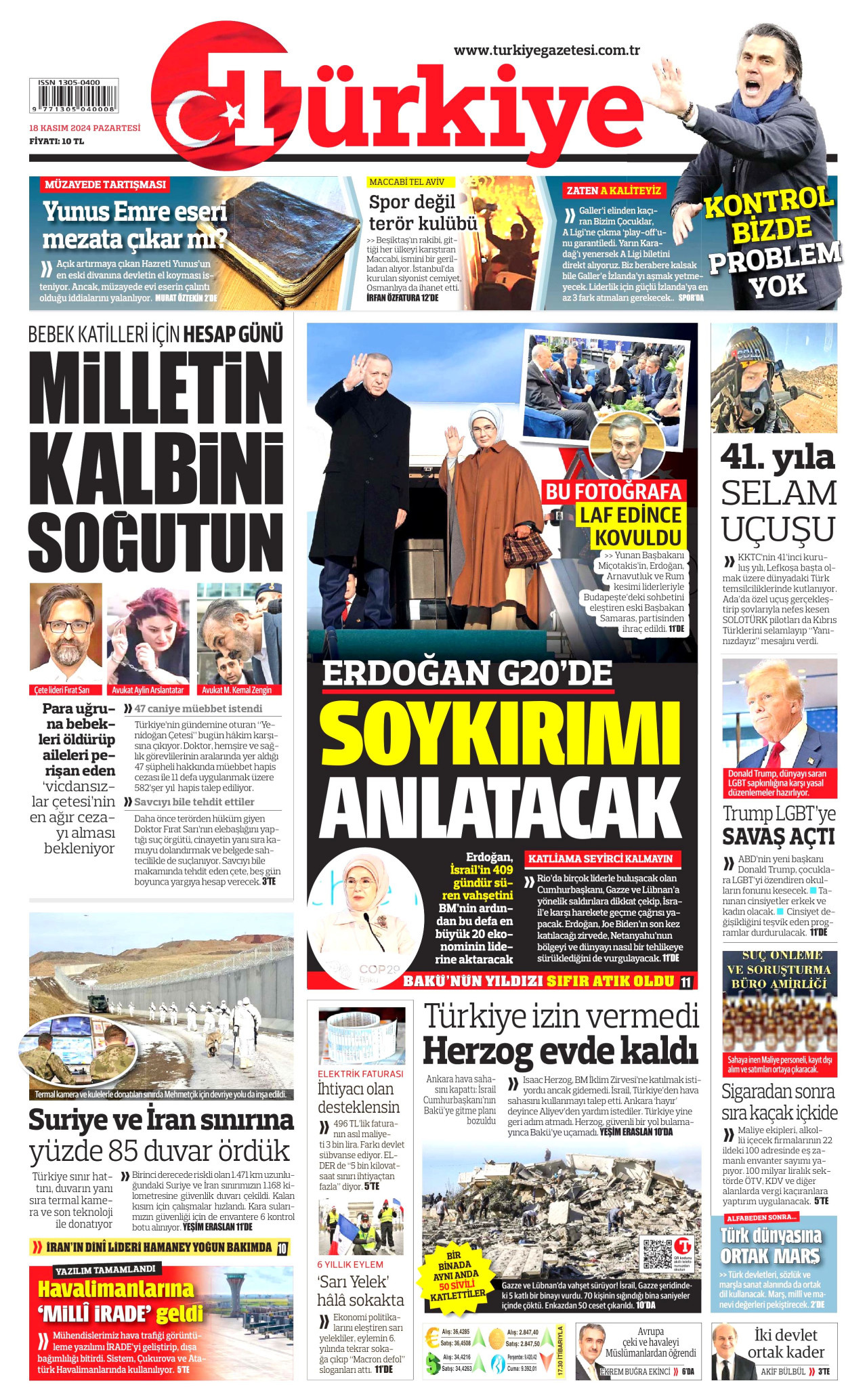 TÜRKİYE GAZETESİ gazetesinin 18 Kasım 2024 tarihli birinci sayfası