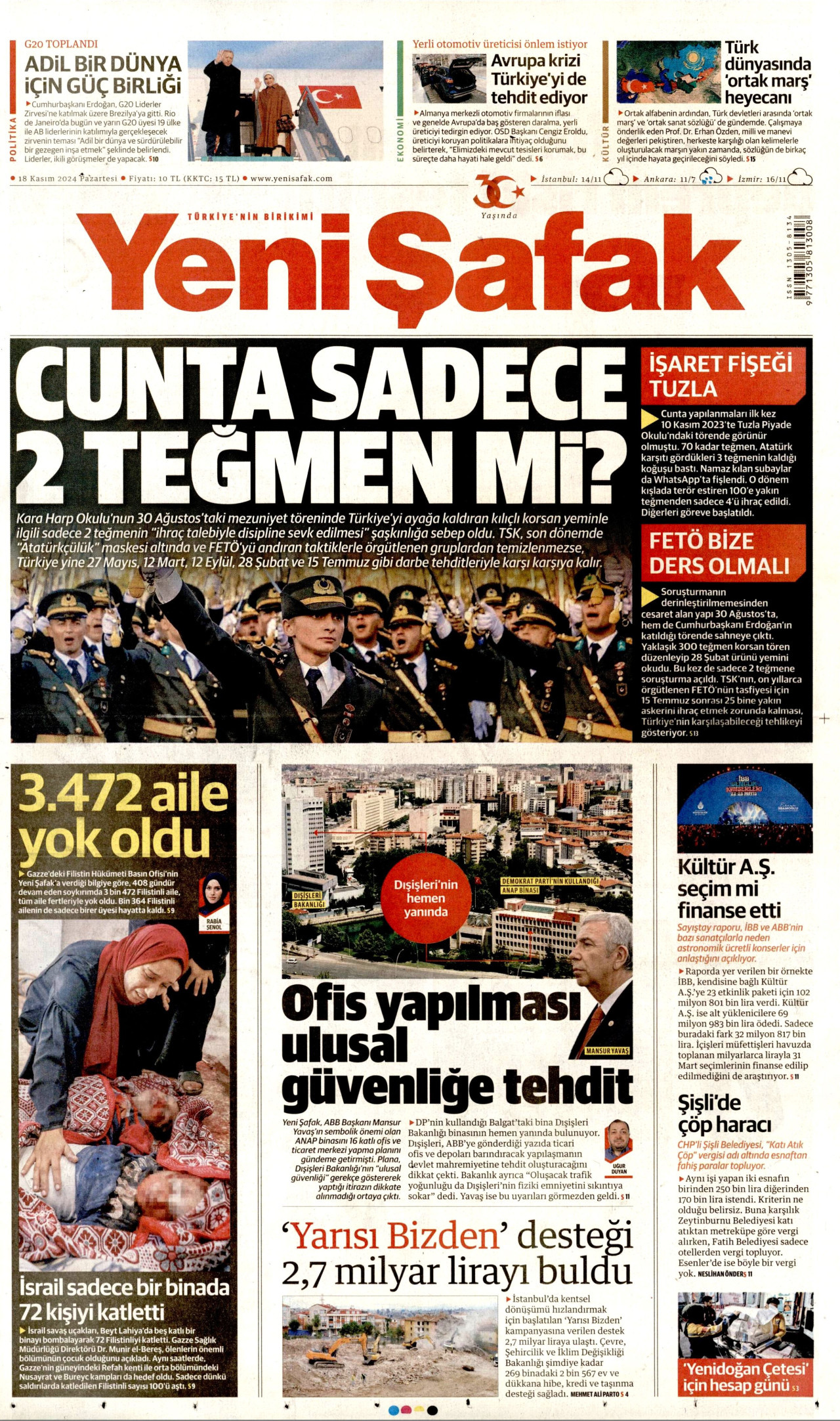 YENİ ŞAFAK gazetesinin 18 Kasım 2024 tarihli birinci sayfası