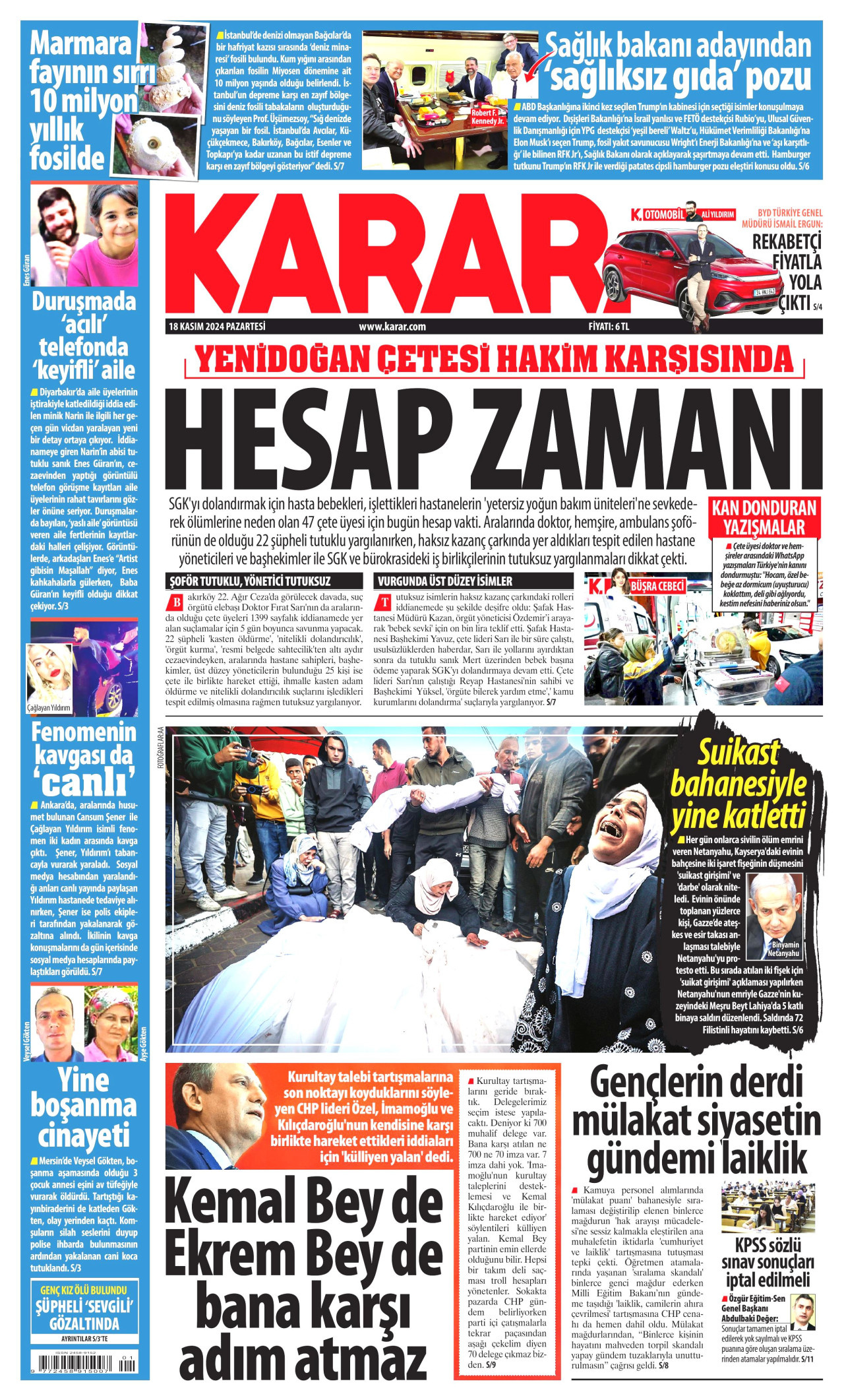 KARAR gazetesinin 18 Kasım 2024 tarihli birinci sayfası