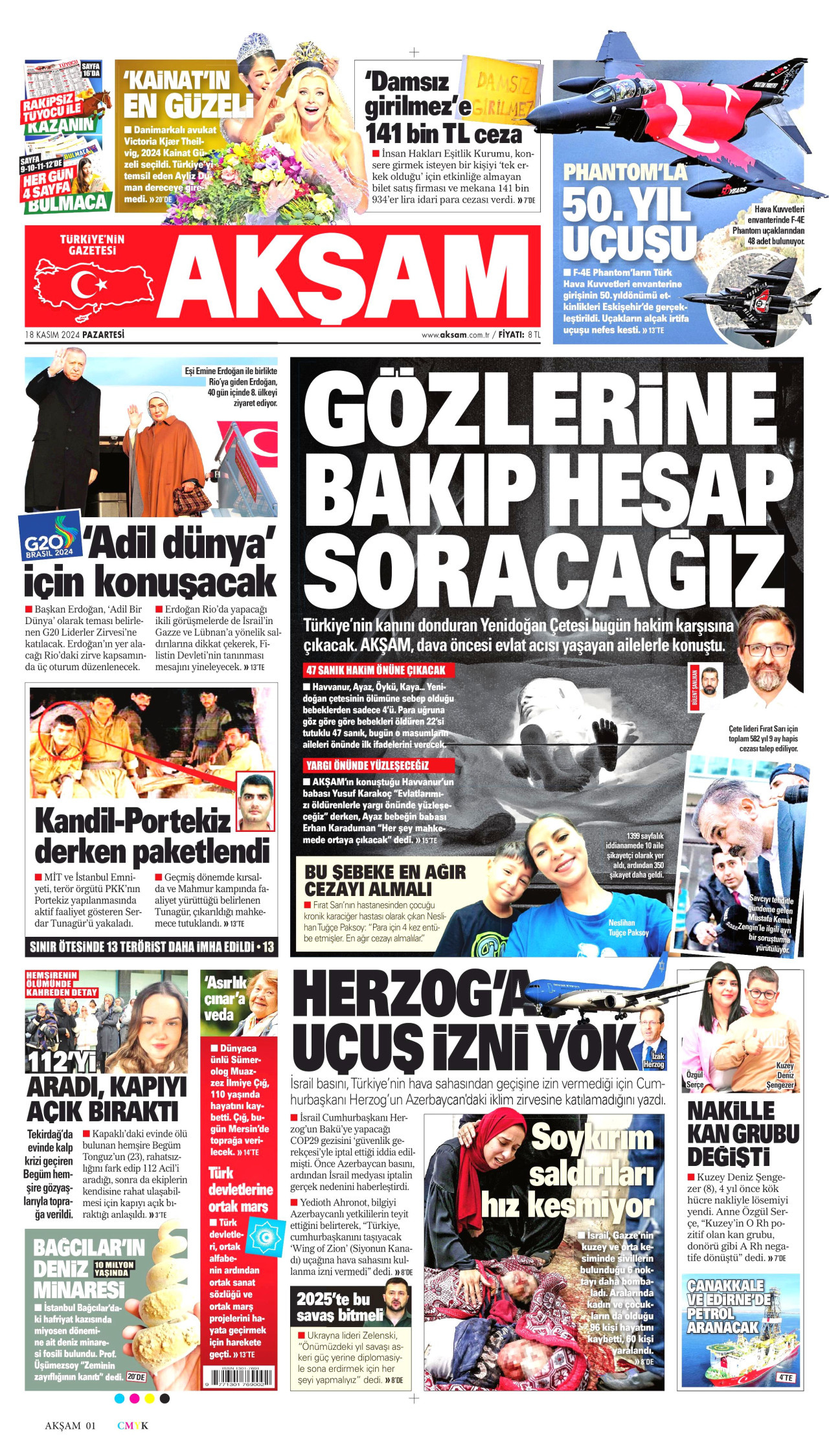AKŞAM gazetesinin 18 Kasım 2024 tarihli birinci sayfası