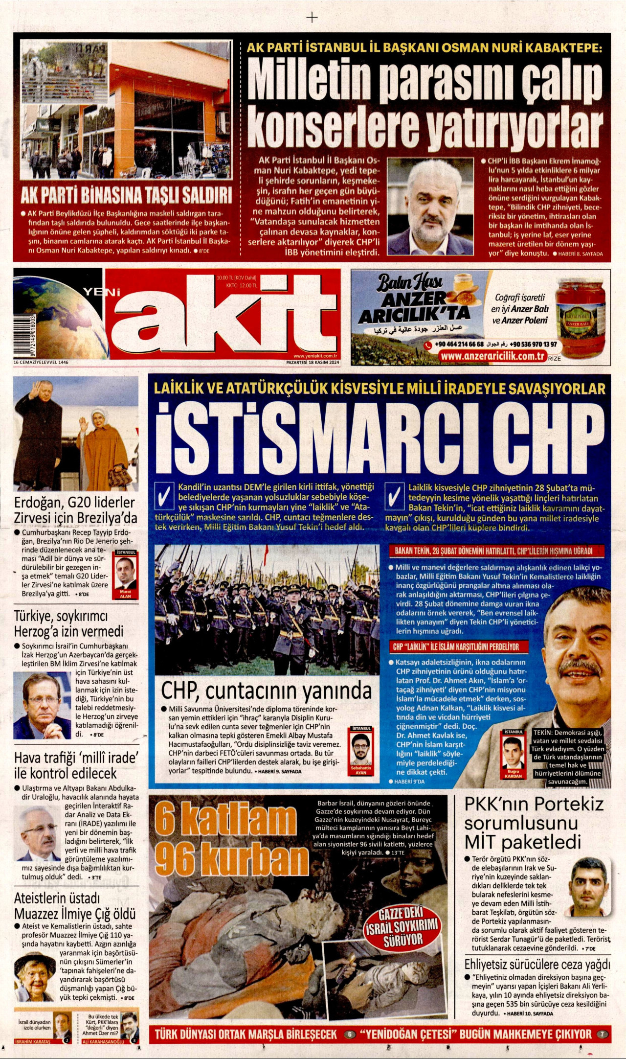 YENİ AKİT gazetesinin 18 Kasım 2024 tarihli birinci sayfası