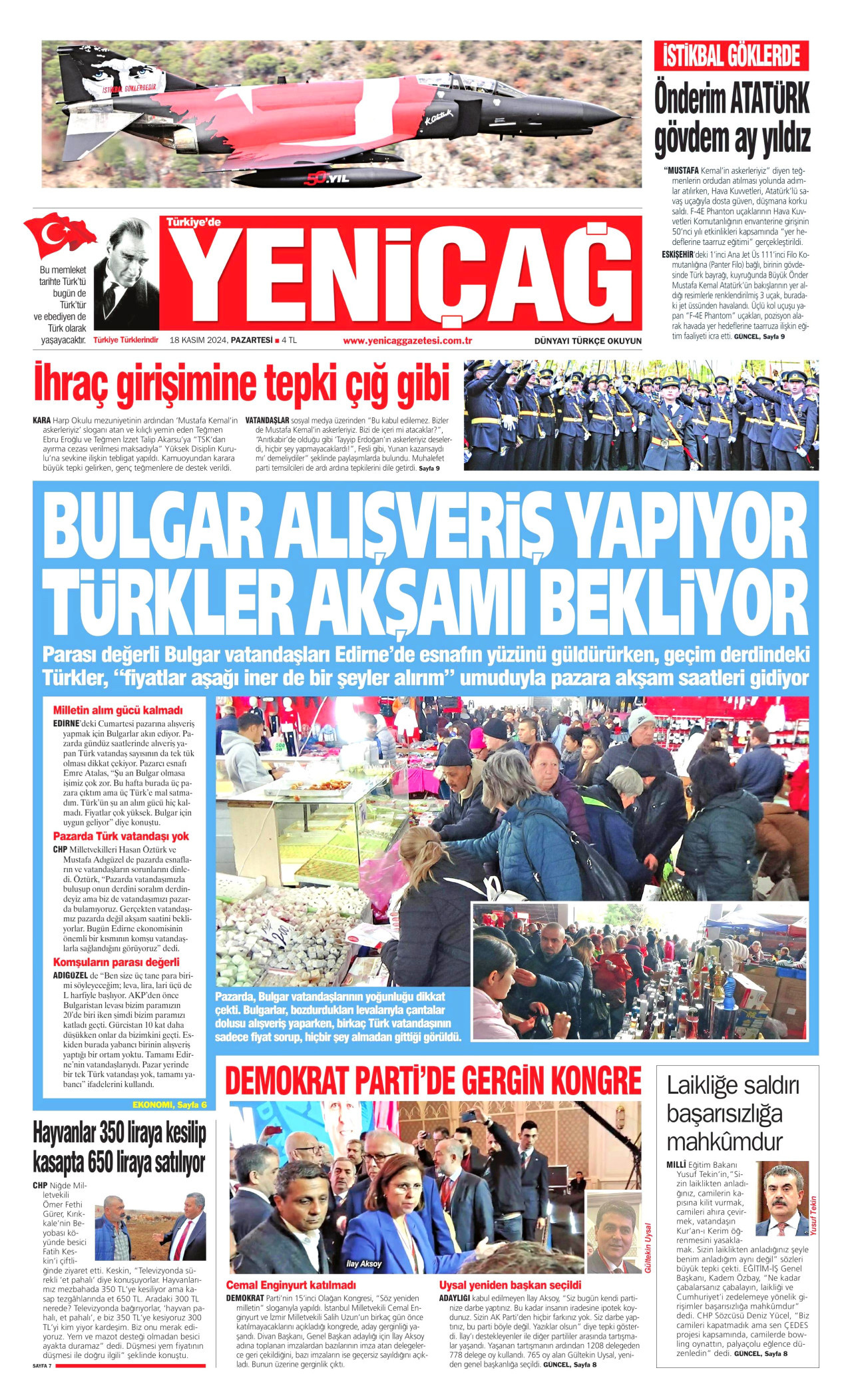 YENİÇAĞ gazetesinin 18 Kasım 2024 tarihli birinci sayfası
