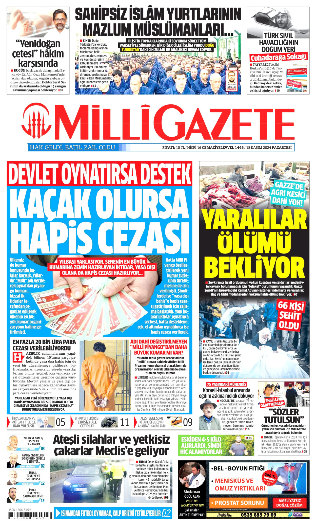 MİLLİ GAZETE gazetesinin 18 Kasım 2024 tarihli birinci sayfası
